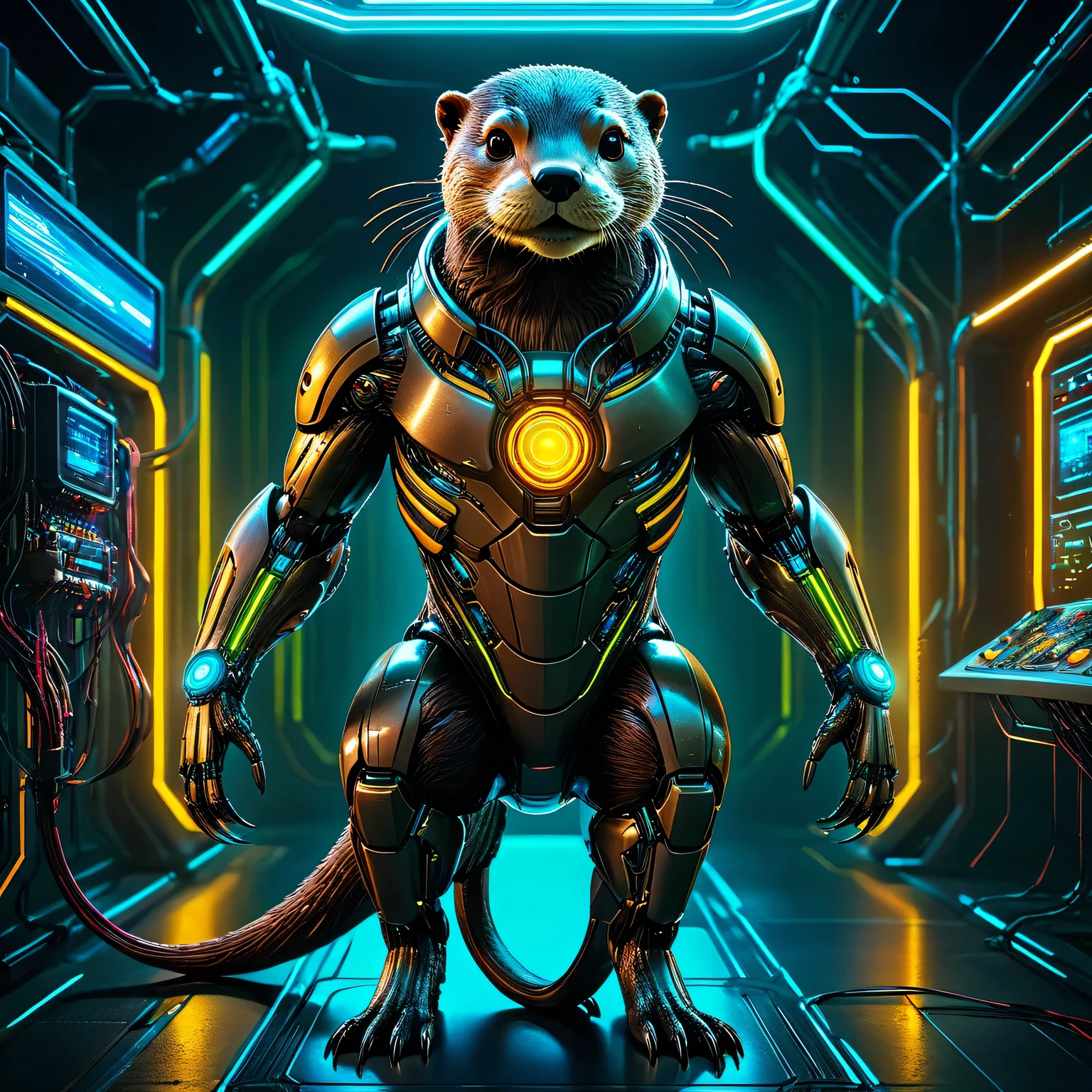 An Otter Cyber Art, otter is a very sophisticated high-tech cyborg with artificial intelligence in some secret cyber laboratory, difficult, detailed, wires and electronics, light and lasers, neon, sensors, detailed photo, otter cyborg is shown in detail, full pose, full body, texture smoothing, unreal engine 5