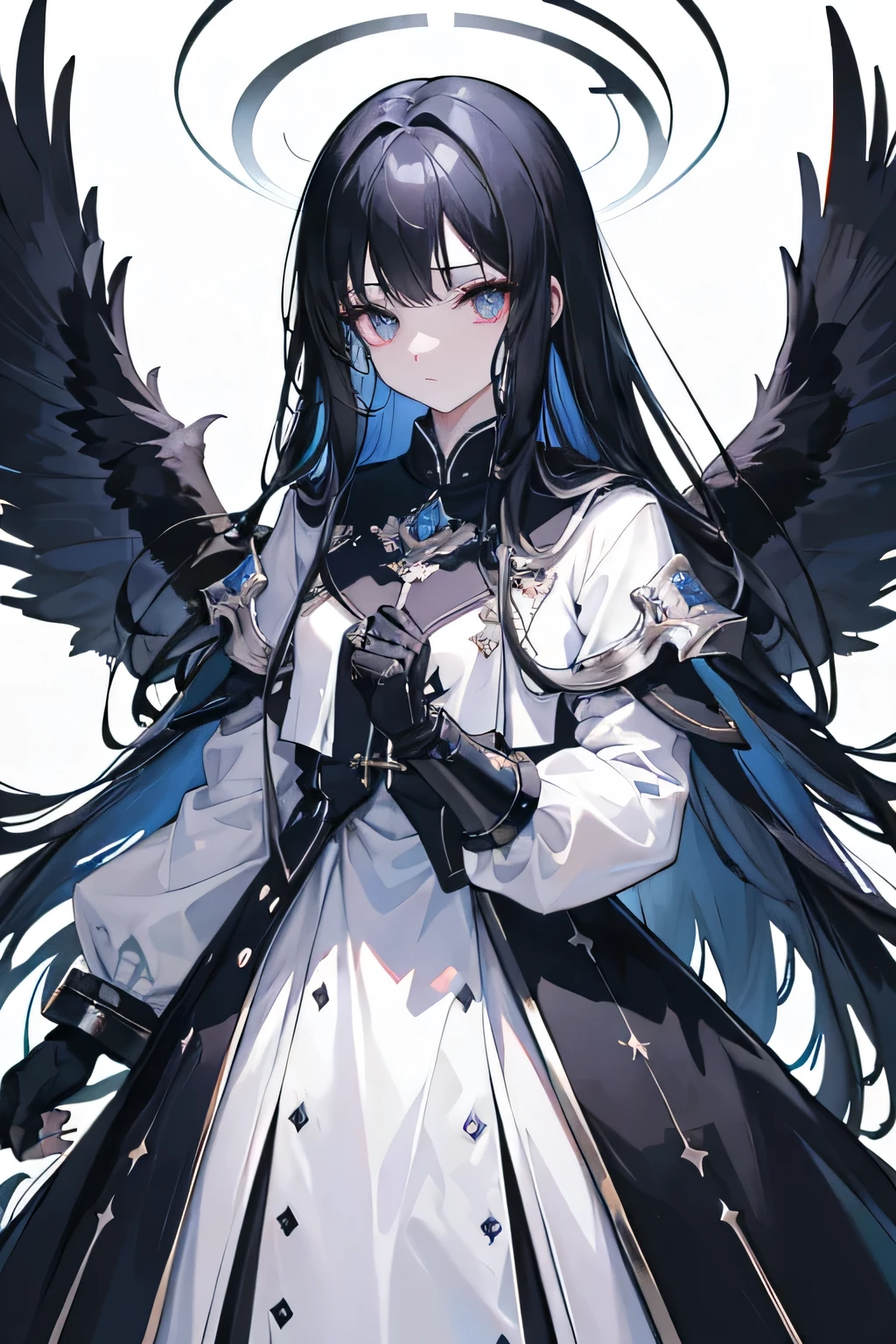 girl,Long Black Hair, The inside of the hair is blue、Iris,White coat,uniform、masterpiece, highest quality, Super detailed, Downcast eyes,Tabletop, highest quality), (Perfect athletic body:1.2),8K High Resolution, Trend Art Station, White Background, Standing in the Wilderness,whole body、Crow-shaped gauntlets