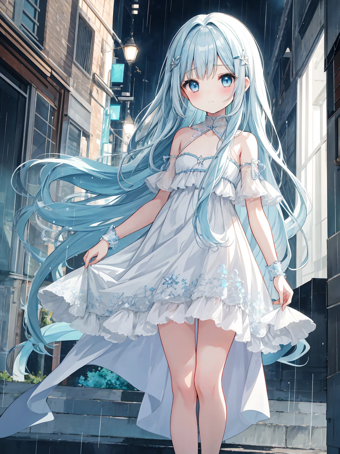 masterpiece, best quality, extremely detailed, (illustration, official art:1.1), 1 girl ,(((( light blue long hair)))), ,(((( light blue long hair)))),light blue hair, ,10 years old, long hair ((blush)) , cute face, big eyes, masterpiece, best quality,(((((a very delicate and beautiful girl))))),Amazing,beautiful detailed eyes,blunt bangs((((little delicate girl)))),tareme(true beautiful:1.2), sense of depth,dynamic angle,,,, affectionate smile, (true beautiful:1.2),,(tiny 1girl model:1.2),)(flat chest)),masterpiece, best quality, extremely detailed, anime,1 pretty girl,solo,,long hair,heart hairpins,masterpiece, best quality, transparent illustration, 1girl, , 9 yo, 8yo, baby face, cute kawaii female , looking at viewer, opening door, dark-gray gradient hair, long hair, shoulder length hair, hairclip, finely detailed beautiful eyes, blue eyes, standing, full body, dress BREAK outdoors, cloudy sky, rain, open door, city, building district, dynamic angle, perspective, wide shot, depth of field, cinematic lighting , ,