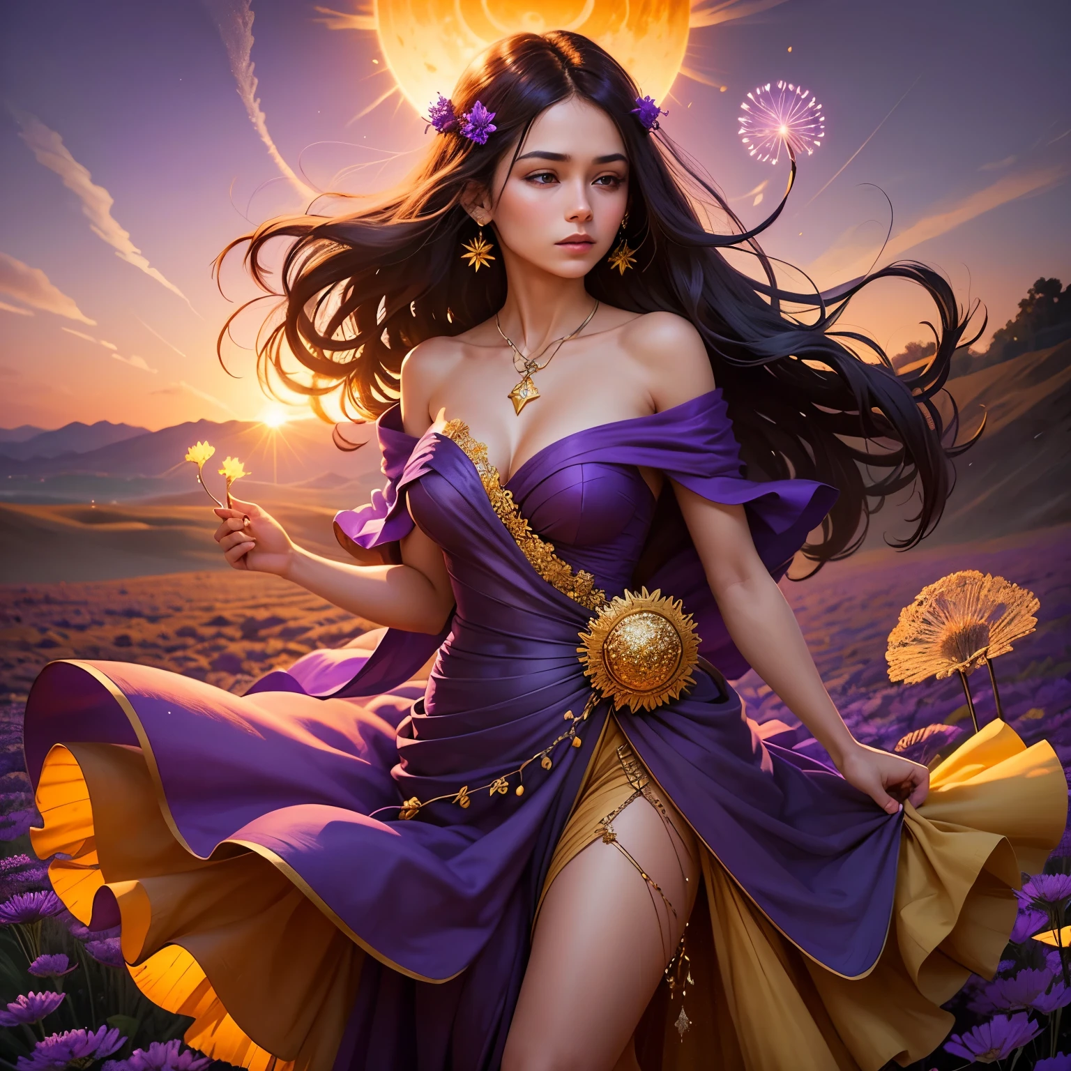 A cartoonist illustration of a beautiful arabiam belly dancer dancing on the beautiful orange flowers while looking at the orange moon on the purple sky, big titties, curvy, thicc