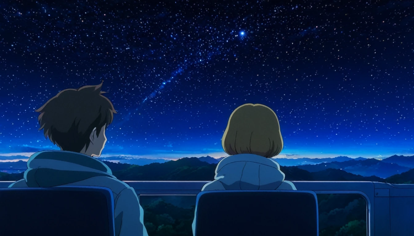Flying Galaxy Express Anime boy and girl looking at the night sky from inside the train