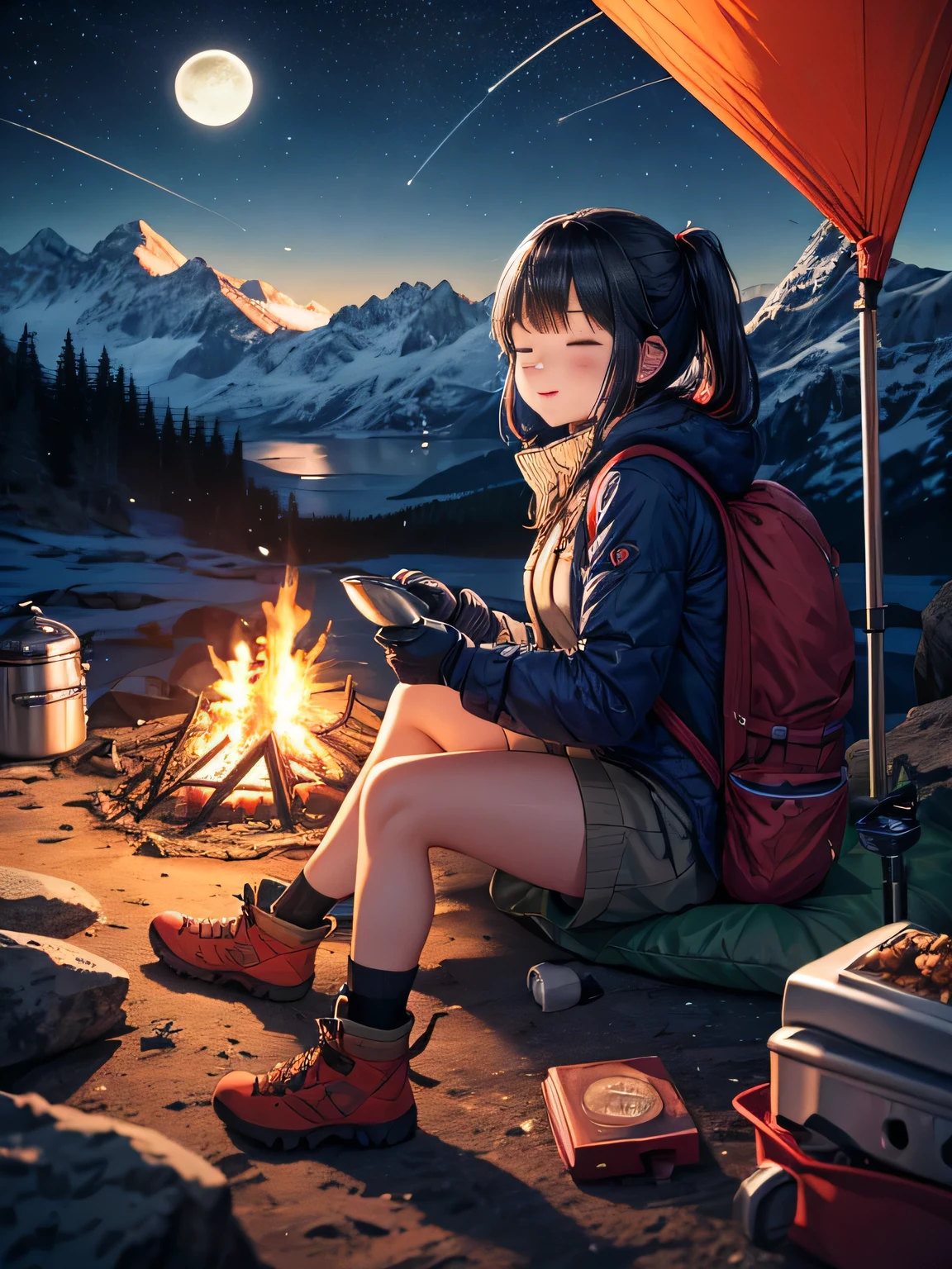 Tabletop, highest quality, ultra-detaileded, figure, 1 girl, alone, Outdoor, camp, at night, mountains, nature, star, Moon, Bonfire, tent, ((Brown hair Long hair))、Navy blue blazer with red ribbon、((Purple-hued eyes))、Hilarious, happy, rucksack, sleeping bag, camp stove, Water bottle, Mountain boots, gloves, sweater, Chef&#39;s hat, flashLight, forest, rock, riverbed, Wood chips, cigarette, Shadow Realms, Contrast, sunny, Star, milky way, peaceful, Selene, be quiet, Calm, remote, In the middle of nowhere, Adventurous, expedition, run away, independent, Survive, lucky, Challenge, endure, fine, Stamina, observation, Intuition, Capacity to adapt, imagine, imagine, Artistry, Inspiration, Beauty Products, sense of awe, wonder, thank you, grateful, relaxation, joy, Rejuvenation, Mindfulness, consciousness, connection, Harmony, Maintain balance, texture, detailed, realism, depth, perspective, Nice composition, color, Light, Shadow Realm, reflection, refraction, tone, Contrast, Qianfang, Middle Way, background, naturalistic, Figurative, exterior, impression, Expressionism, Abstract, Innovative, Experimental, only, Triangle tent