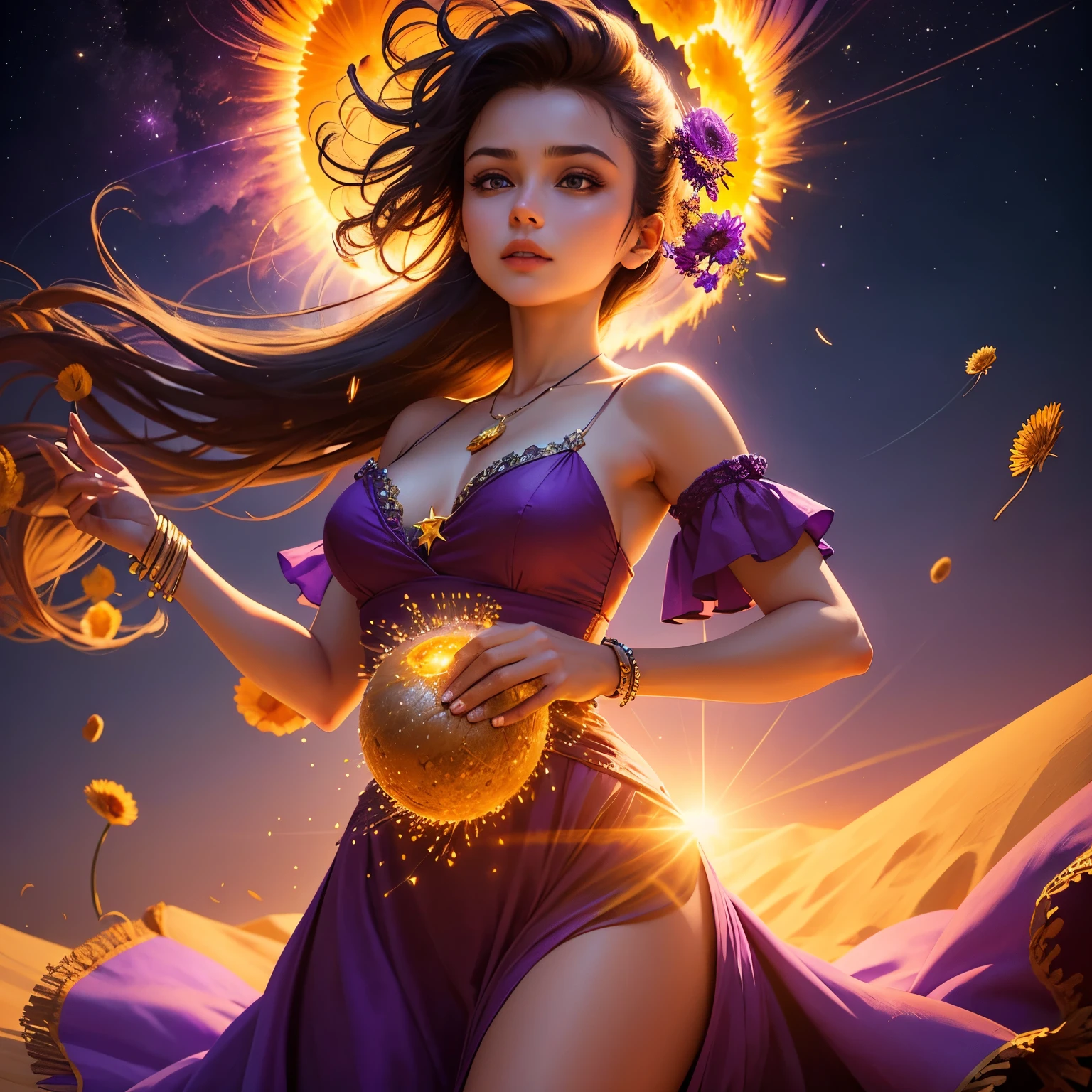 A woman in a purple dress with the sun in the background holding on to a star encrusted dandelion husk floating over a violet and orange-yellow sky lofted on the winds of a changing world lost in the sands of time.
