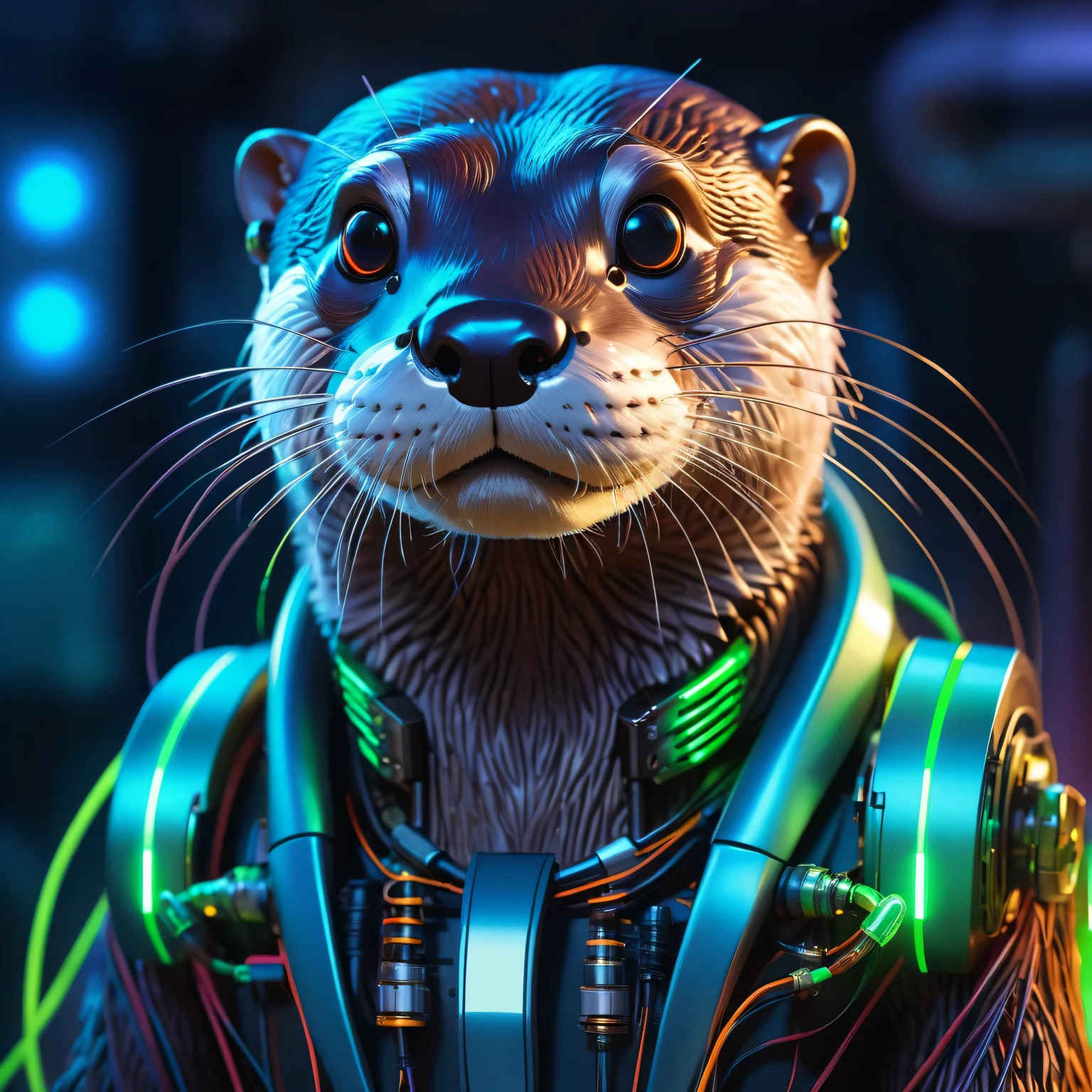 An Otter Cyber Art, otter is a very sophisticated high-tech cyborg with artificial intelligence in some secret cyber laboratory, complicated, detailed, wires and electronics, light and lasers, neon, sensors, detailed photo, otter cyborg is shown in detail