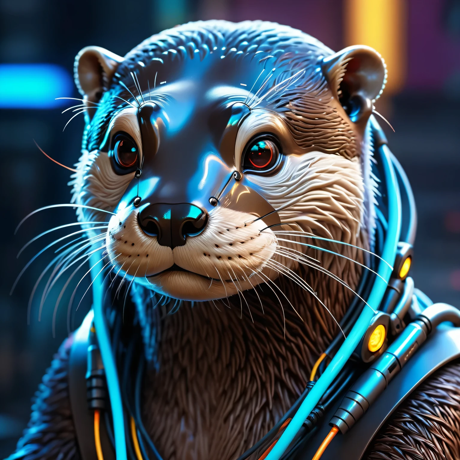 An Otter Cyber Art, otter is a very sophisticated high-tech cyborg with artificial intelligence in some secret cyber laboratory, complicated, detailed, wires and electronics, light and lasers, neon, sensors, detailed photo, otter cyborg is shown in detail