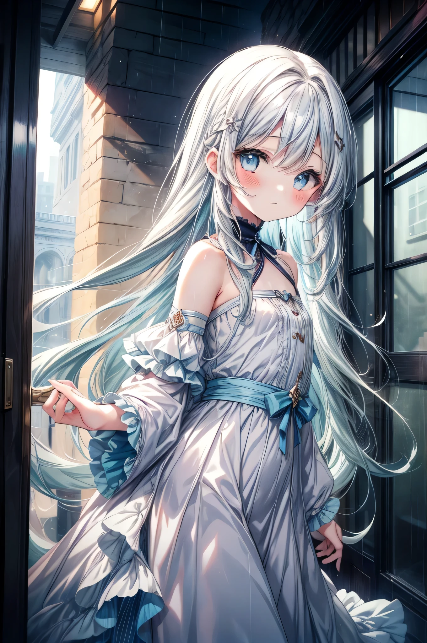 masterpiece, best quality, extremely detailed, (illustration, official art:1.1), 1 girl ,(((( light blue long hair)))), ,(((( light blue long hair)))),light blue hair, ,, long hair ((blush)) , cute face, big eyes, masterpiece, best quality,(((((a very delicate and beautiful girl))))),Amazing,beautiful detailed eyes,blunt bangs((((little delicate girl)))),tareme(true beautiful:1.2), sense of depth,dynamic angle,,,, affectionate smile, (true beautiful:1.2),,(tiny 1girl model:1.2),)(flat chest)),masterpiece, best quality, extremely detailed, anime,1 pretty girl,solo,,long hair,heart hairpins,masterpiece, best quality, transparent illustration, 1girl, , 9 yo, 8yo, baby fac cutfemale , looking at viewer, opening door, dark-gray gradient hair, long hair, shoulder length hair, hairclip, finely detailed beautiful eyes, blue eyes, standing, full body, dress BREAK outdoors, cloudy sky, rain, open door, city, building district, dynamic angle, perspective, wide shot, depth of field, cinematic lighting , ,