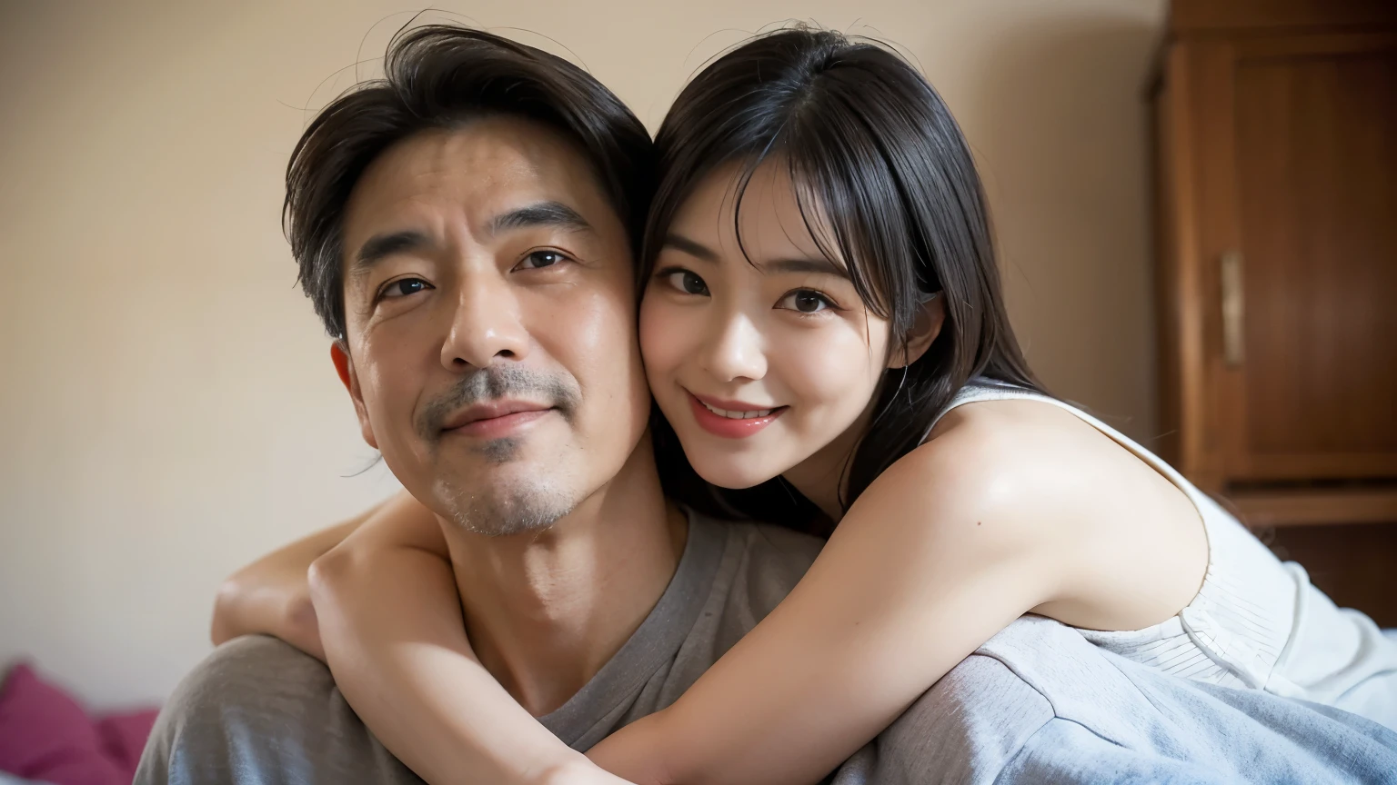 A 60-year-old Japanese man and a 30-year-old Japanese woman, Age difference, Age difference, Huge size, 60-year-old man, smile, Hairy body, Standing hug, セクシーなYoung girl 30, Small and sexy size, Long black hairstyle, Embarrassed and blushing face, Gray-haired old man, Young girl , Home, Bedroom, Detailed face, Realistic, Realistic, Big Breasts,Looking at the camera