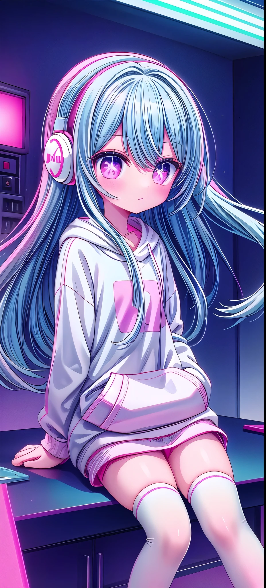 ,White knee socks,Long light blue hair,Pink and white sweatshirt,Pink Eyes,blue headphones