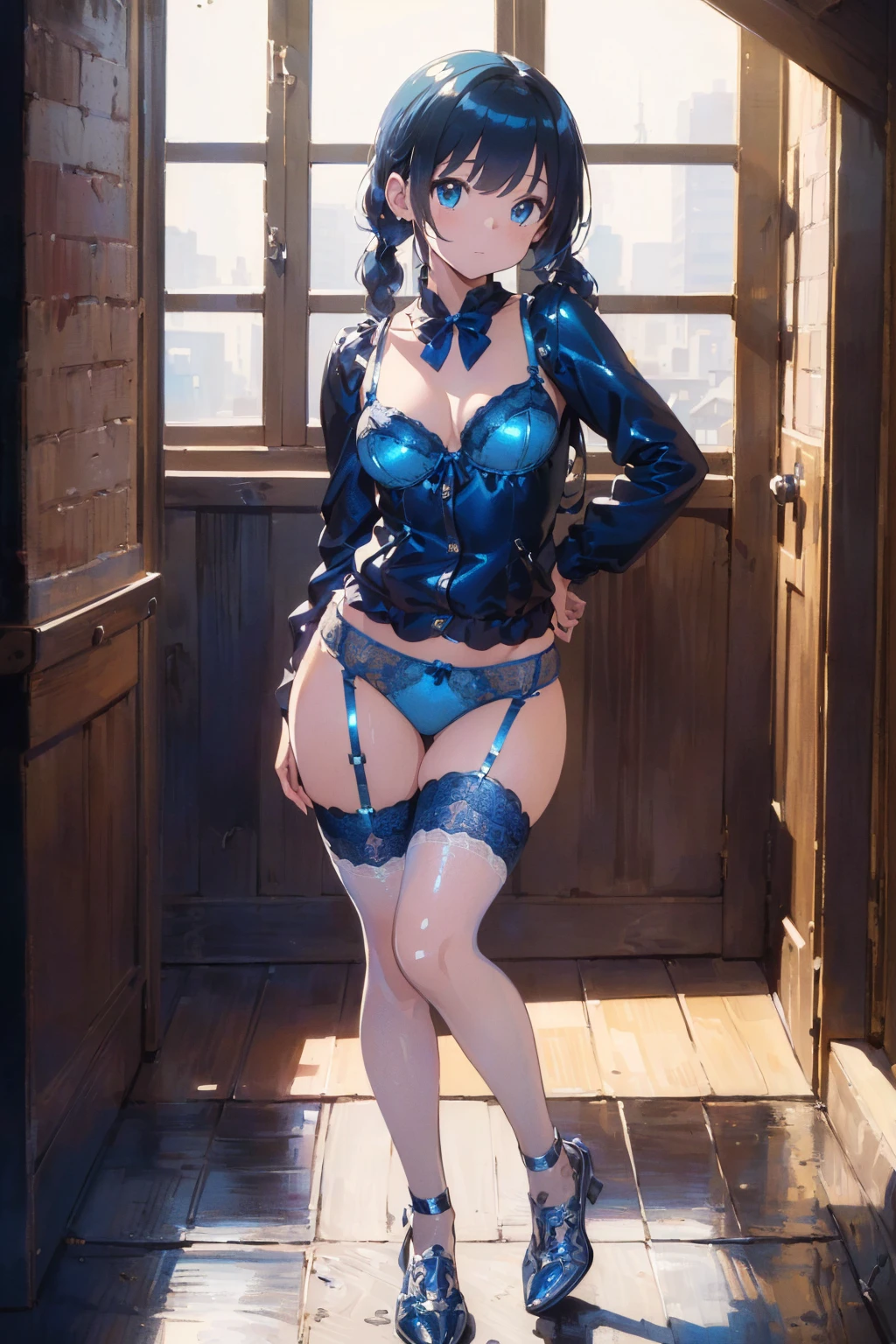 (masterpiece:1.8),(highest quality:1.8),(Very detailed:1.8),(8k:1.8),(Ultra-fine Illustration:1.5),Braided twin tails,Flat Chest,Small Ass,(Shiny metallic blue,Shiny Lingerie:1.4),Amie lace garter belt,(Piece Pose:1.5),School,Full body angle),