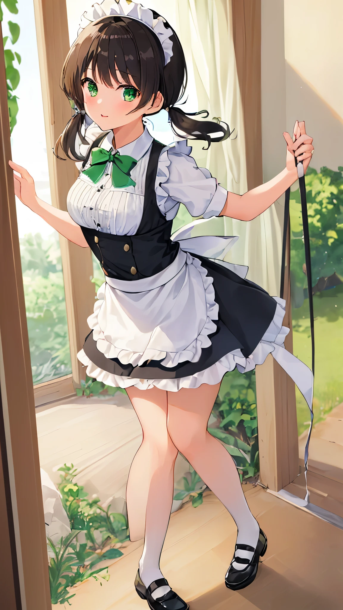 (((masterpiece, highest quality, High resolution,8k))),(((beautiful girl))),whole body,green eye,Two knots,low twin tail,medium breasts:1.5,medium hair,Classical Maid,