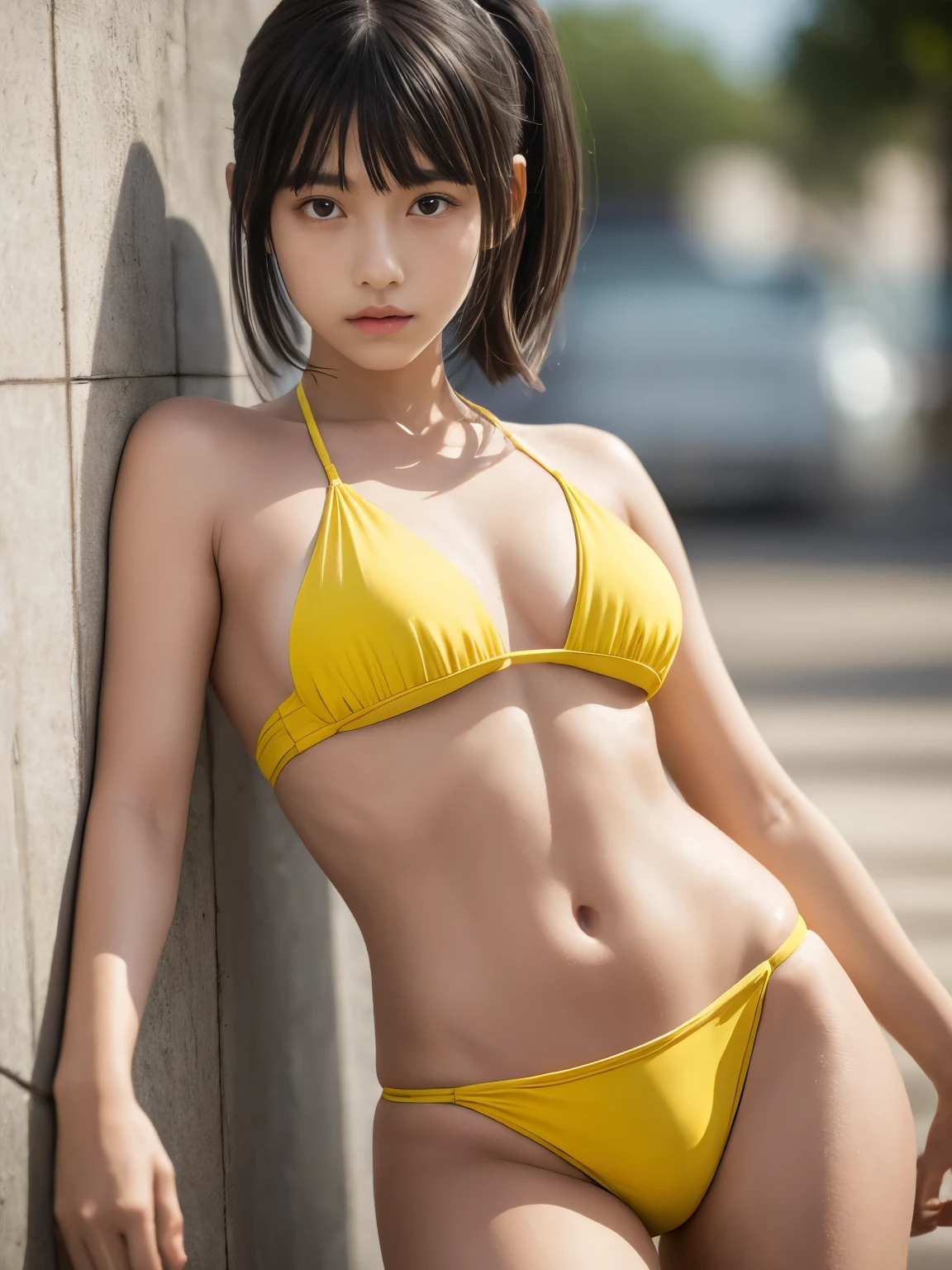 best quality, masterpiece, (realistic:1.2), 1 girl, (************:1.4), brown ponytail hair with bangs, amber eyes, front, detailed face, beautiful eyes, oily skin, sweating a lot, yellow triangle bikini, underboob