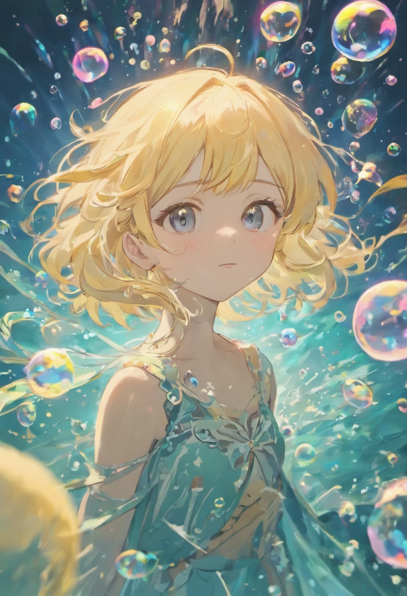 seabedの幼生銀毛貝の家，Girl with short white hair，Flying hair，Colorful bubbles，plant，Shine，seabed，( Streamlined Design, Clear lines, High Sharpness,highest quality, Very detailed, masterpiece, Cinematic lighting effects, 4K )、A lot of bubbles floating