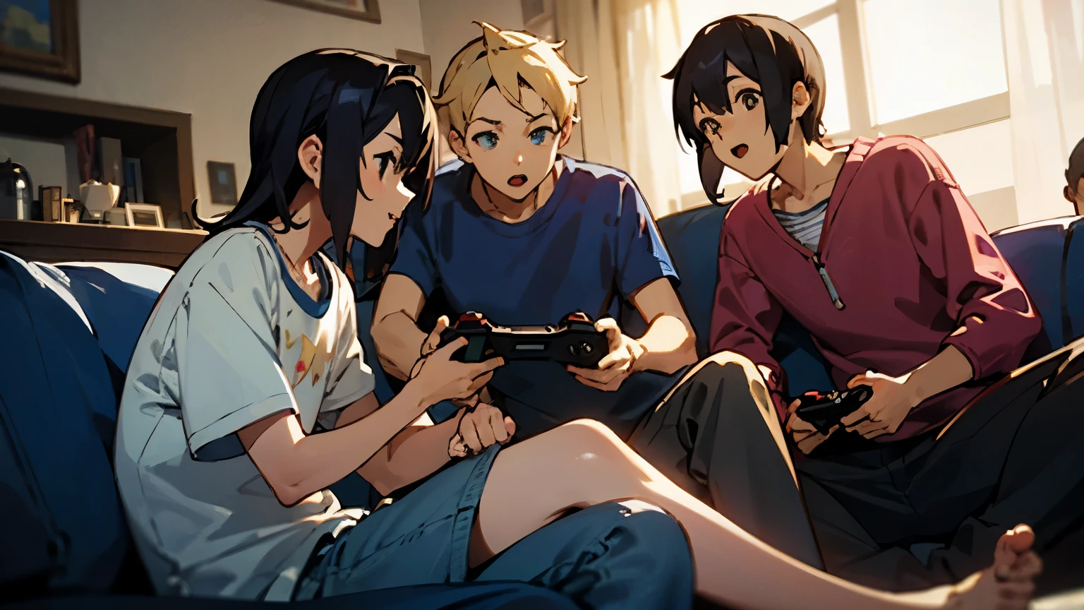 azusa sentada num sofa, com mais 3 homens de idade juvenil, everyone is holding a video game controller, noite, 