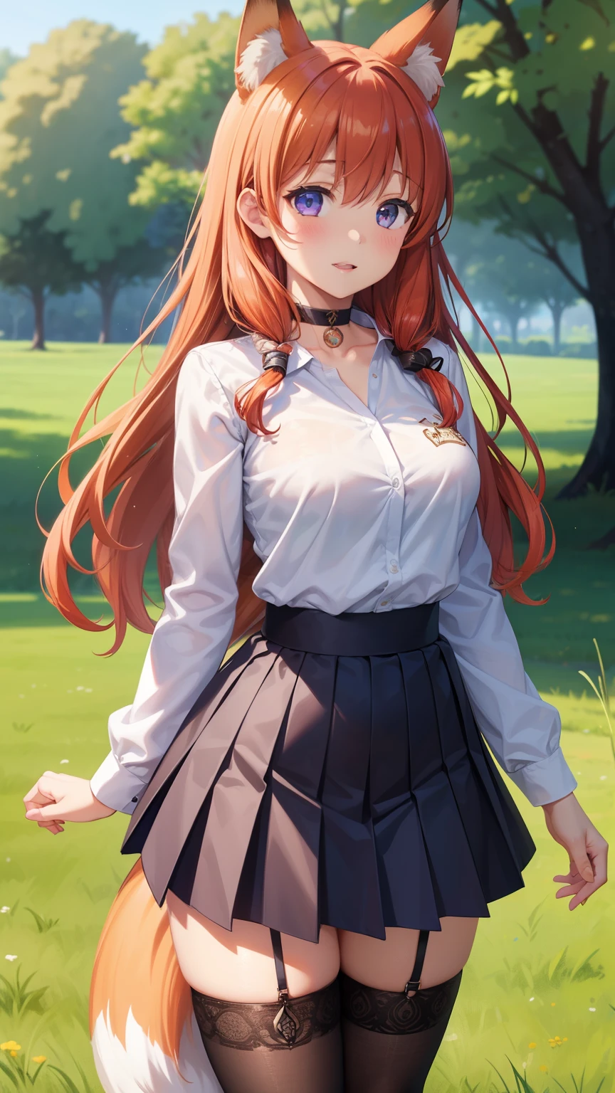 1girl, solo, highly detailed, best quality, illustration, game cg, perfect anatomy, beautiful cute face girl, redhead, beautiful detailed eyes, choker, school field, standing, natural lighting, white shirt, black pleated skirt, thigh highs, fox ears, (fox tail), glossy lips, medium breasts, aichan, latifa fleuranza