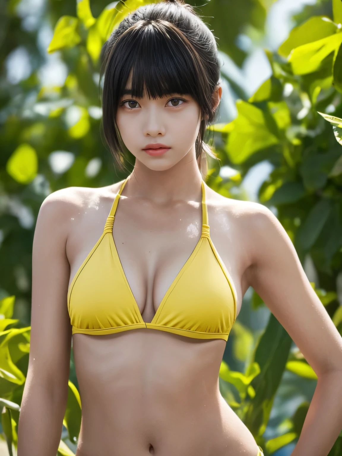 best quality, masterpiece, (realistic:1.2), 1 girl, (************:1.4), brown ponytail hair with bangs, amber eyes, front, detailed face, beautiful eyes, oily skin, sweating a lot, yellow triangle bikini, (underboob:1.3)