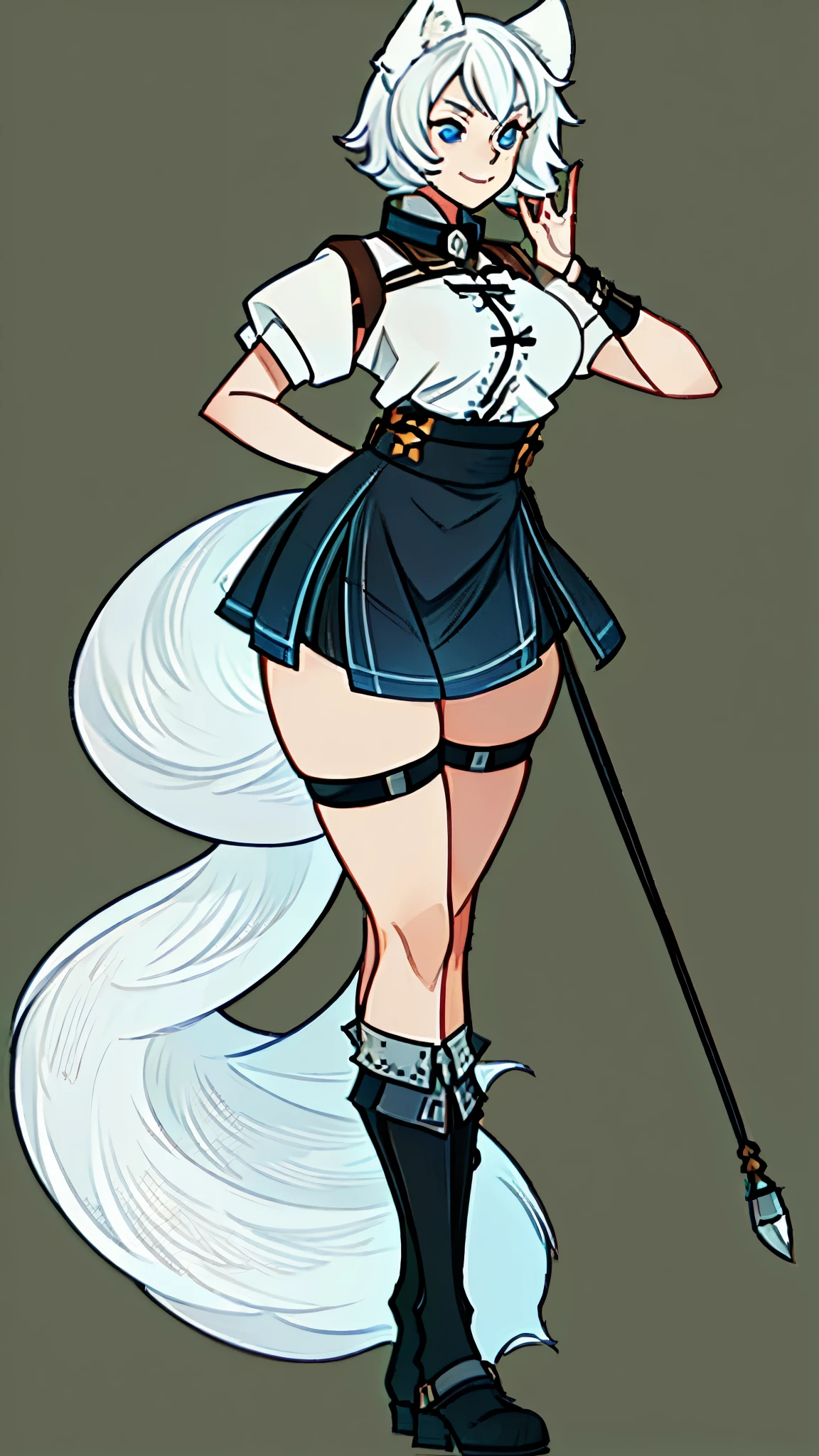 Masterpiece, wide smile, couple, 2others, boyish girl with short (white hair), (half shaved hair style), (happy face expression), ((has wolf ears, has wolf tail)), (wearing a blouse, skirt, with a leather harness), (chocker, collar), thick thighs, wide hips, solo, alone, no wolves, has glowing blue eyes, flat chest, Comics, fantasia, sfw, central park, walking, park background