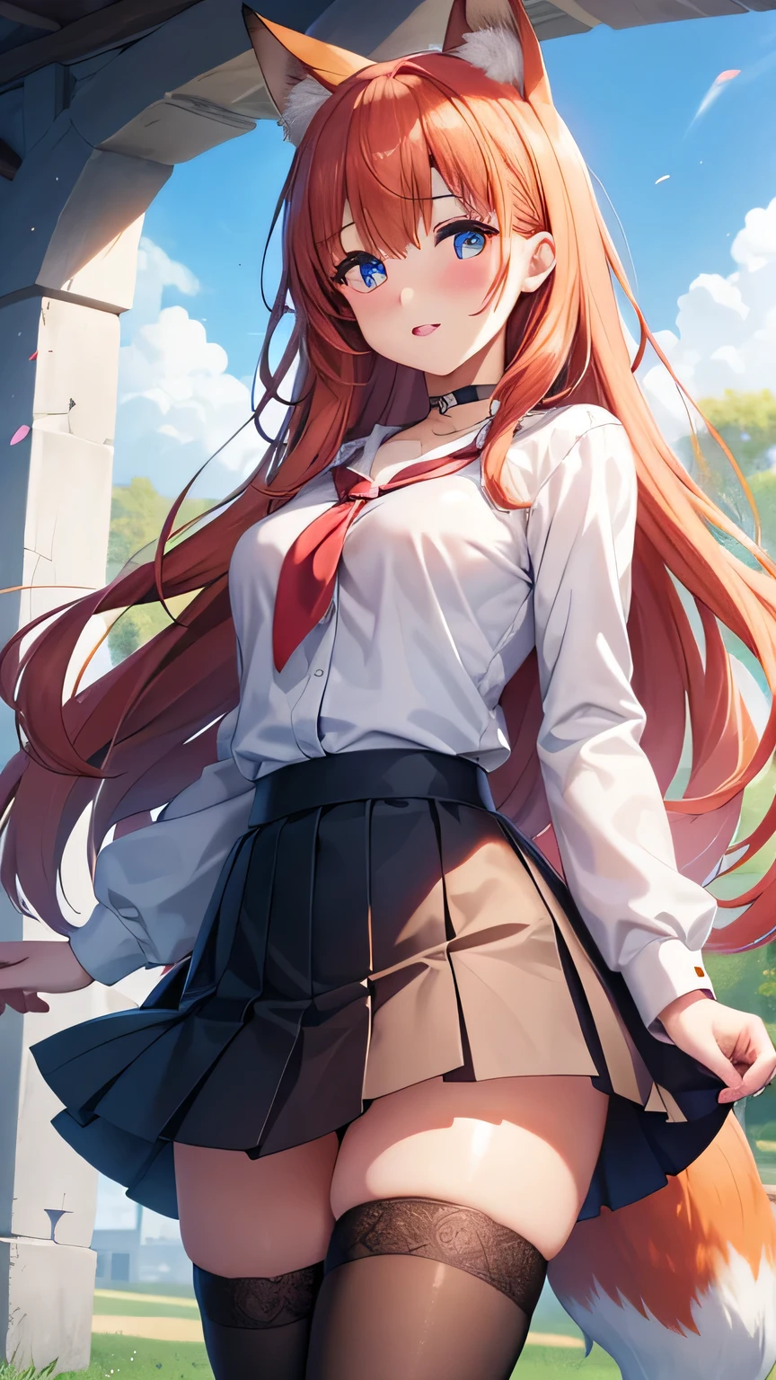 1girl, solo, highly detailed, best quality, illustration, game cg, perfect anatomy, beautiful cute face girl, redhead, beautiful detailed eyes, choker, school field, standing, natural lighting, white shirt, black pleated skirt, thigh highs, fox ears, (fox tail), glossy lips, medium breasts, aichan, latifa fleuranza