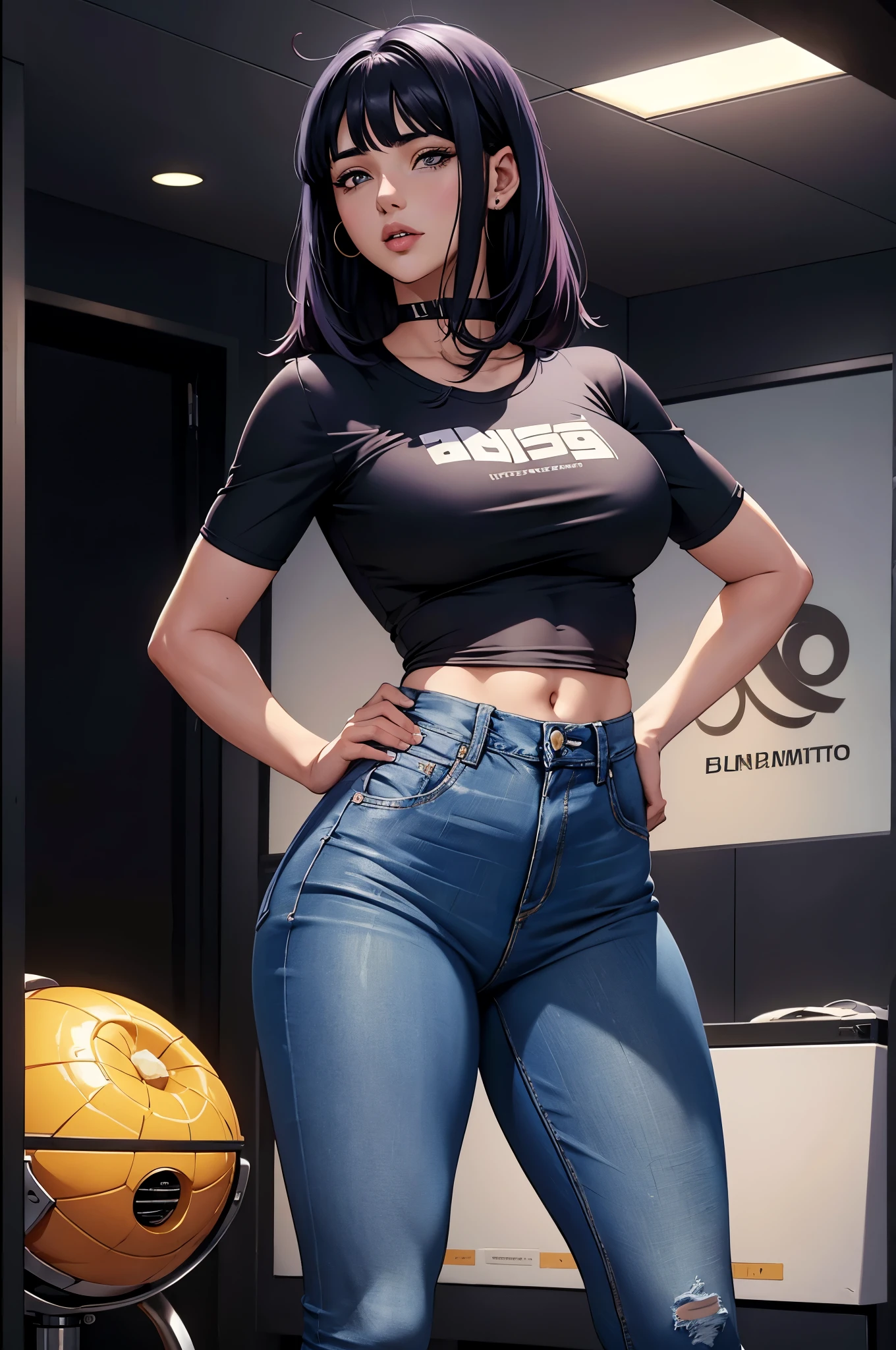 (Hinata Hyuga, muito sensual, com roupas apertadas, bunda grande, pernas grossas, Wearing extremely tight jeans, usando uma mini blusa, umbigo com pirsing, cabelo grande, Speaker behind, muito realista, extremamente sexy, 8k, 8k extremamente detalhado), (um extremamente delicado e bonito), (obra-prima), (melhor qualidade: 1.0), (ultra highres:1.0)