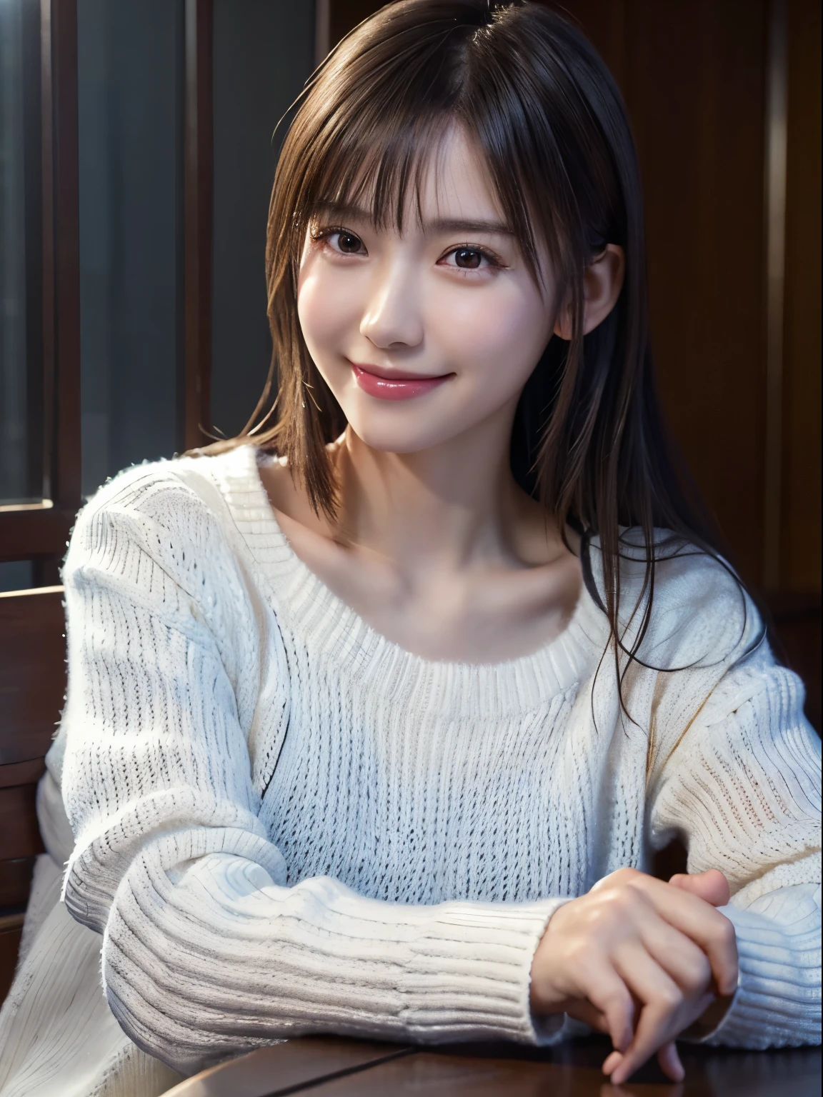 1 Japanese girl,(White sweater:1.4), (RAW Photos, highest quality), (Realistic, Realistic:1.4), Tabletop, Very delicate and beautiful, Very detailed, 8k wallpaper, wonderful, In detail, Very detailedなCG Unity, High resolution, Soft Light, Beautiful details 19 years old, Very detailedな目と顔, Beautiful and detailed nose, Beautiful details,Cinema Lighting,Perfect Anatomy,Slender body,smile  (Asymmetrical bangs,)