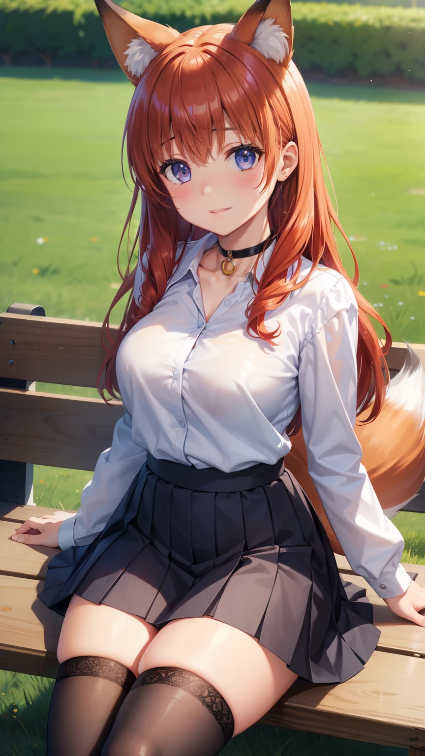 1girl, solo, highly detailed, best quality, illustration, game cg, perfect anatomy, beautiful cute face girl, redhead, beautiful detailed eyes, choker, school field, sitting, bench, natural lighting, white shirt, black pleated skirt, thigh highs, fox ears, (fox tail), glossy lips, medium breasts, aichan, latifa fleuranza