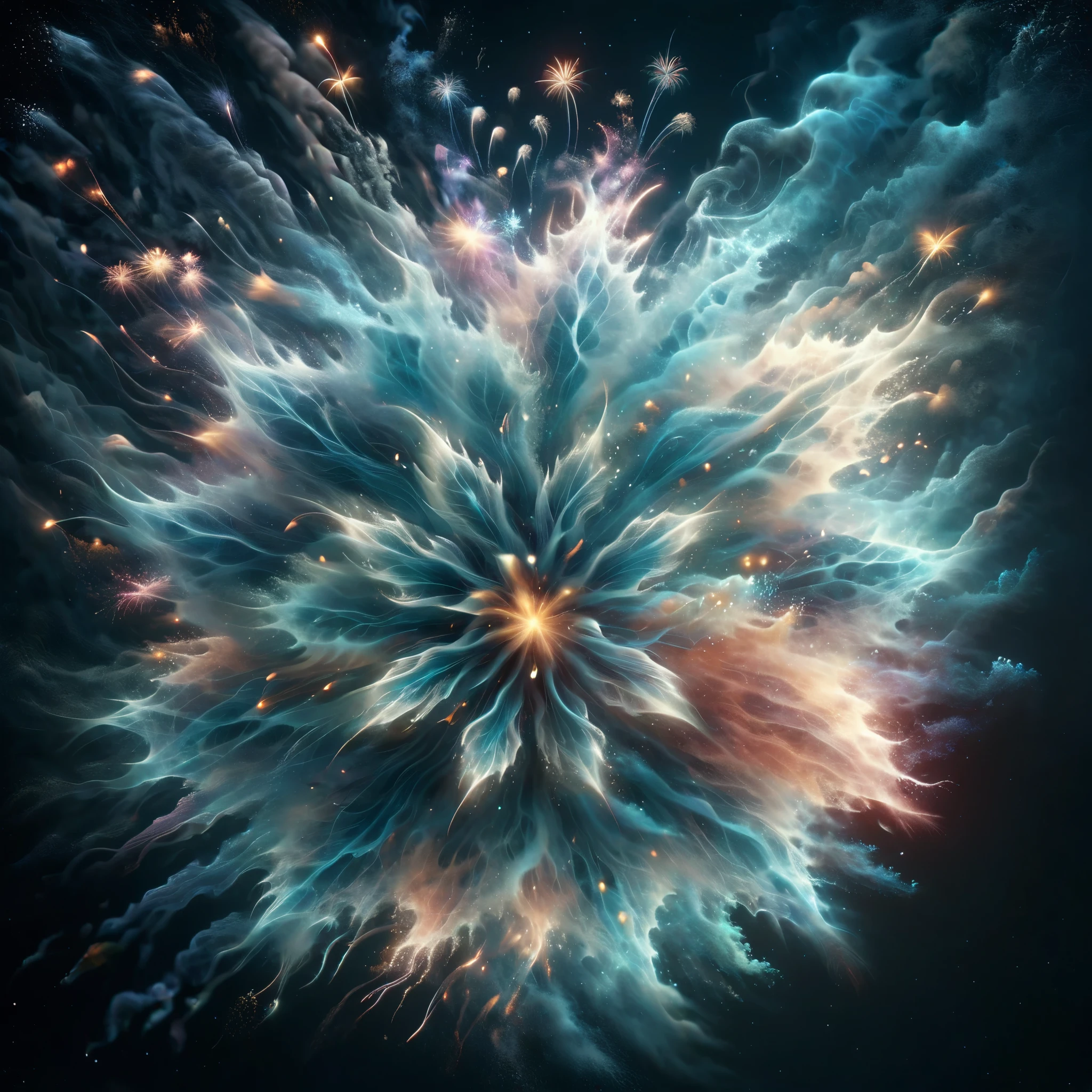Blend fantasy and reality as 3D fireworks merge with ethereal fractal creatures, symbolizing the sea, their radiant forms radiating an ethereal euphoria, transcending the boundaries between the physical and the fantastical.