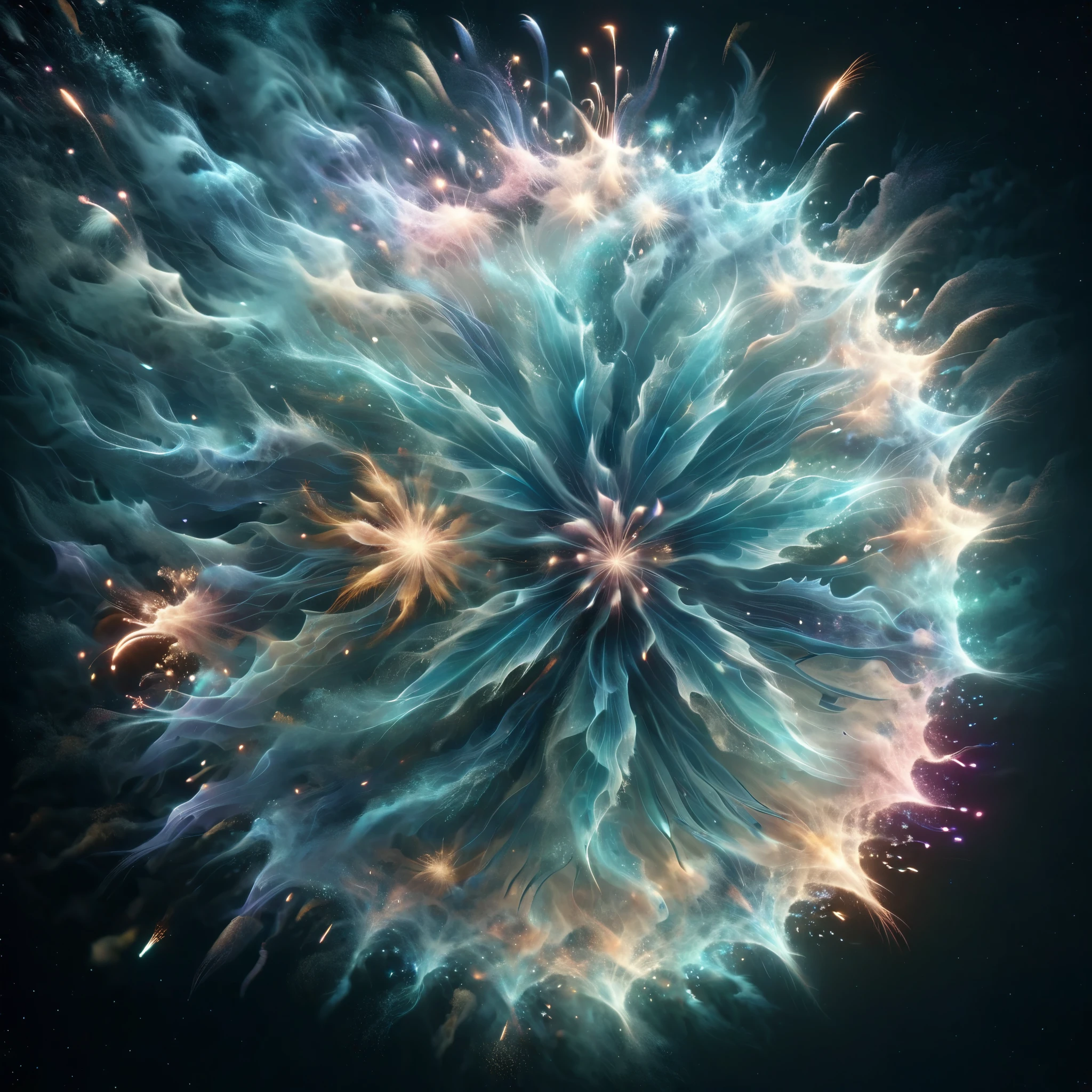 Blend fantasy and reality as 3D fireworks merge with ethereal fractal creatures, symbolizing the sea, their radiant forms radiating an ethereal euphoria, transcending the boundaries between the physical and the fantastical.