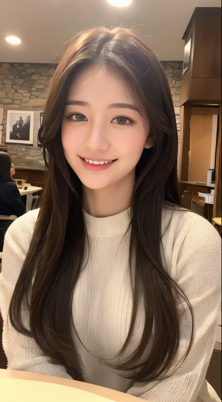 22 year old girl, con ojos grises, piel blanca palida, figura delgada, sonriendo, pelo color cafe, mountain posing beautiful, foto tomada con camara profesional ultrarealista