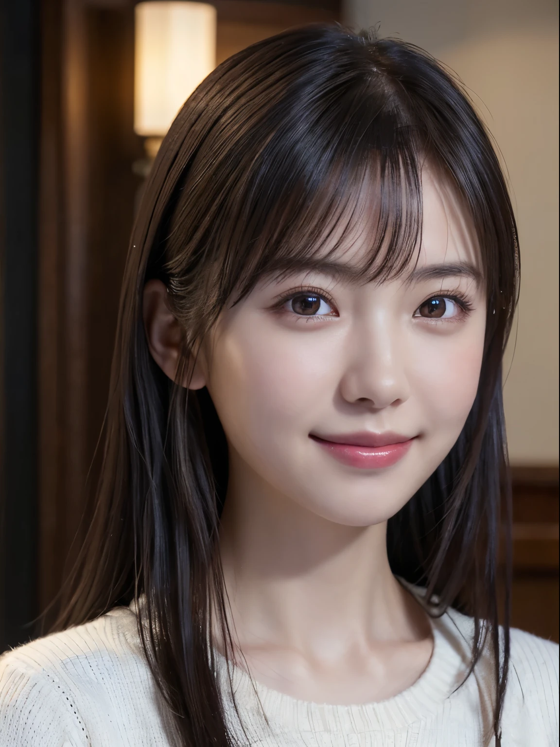 1 Japanese girl,(White sweater:1.4), (RAW Photos, highest quality), (Realistic, Realistic:1.4), Tabletop, Very delicate and beautiful, Very detailed, 8k wallpaper, wonderful, In detail, Very detailedなCG Unity, High resolution, Soft Light, Beautiful details 19 years old, Very detailedな目と顔, Beautiful and detailed nose, Beautiful details,Cinema Lighting,Perfect Anatomy,Slender body,smile (Asymmetrical bangs,)
