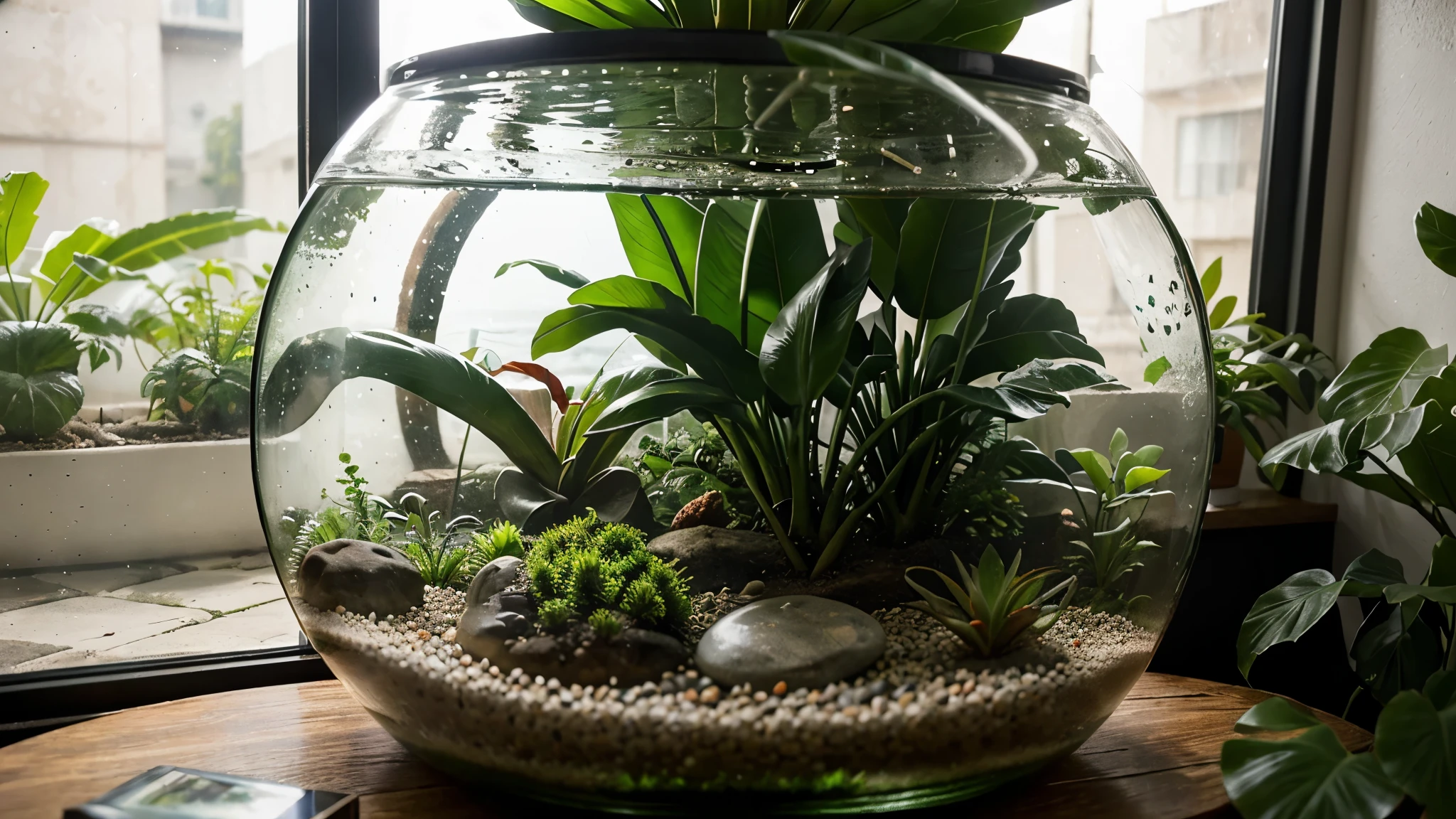A terrarium in the shape of a round fish tank with many plants and water and a small cross inside, situado encima de un escritorio, en una esquina frente a una ventana, en un cuarto con las paredes color vainilla y el techo blanco.