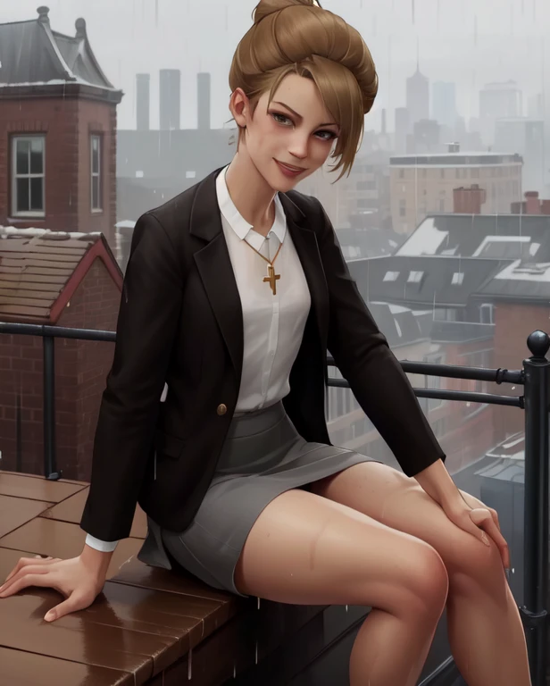 (highres, best quality:1.3), kat3LIS, dark blonde hair, hair bun, hazel eyes, slender, wool blazer, cross necklace, raining, wet clothing, wet skin, front view, smiling,  (sitting on parapet:1.1), rooftop, tall red brick building, private school, skirt, oregon, skinny body, small breasts, skinny legs, tiny hips,