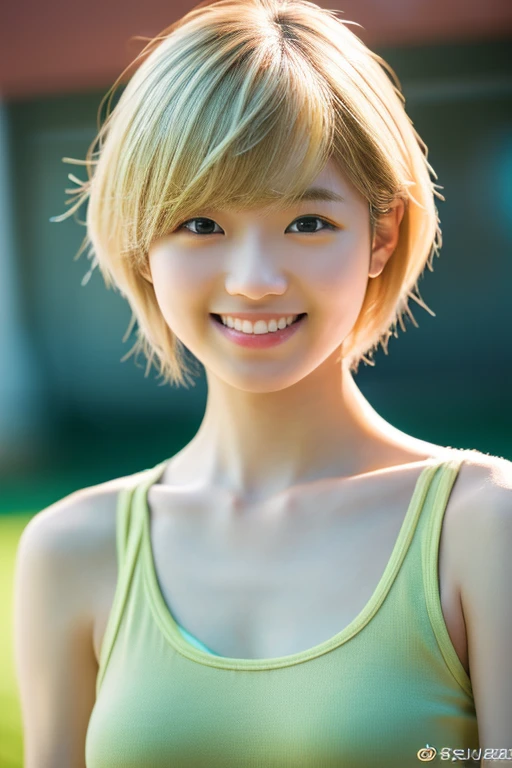 Attention to detail, Ultra-realistic, Sony A7III, Volumetric Shadows, Very detailed,Tank top、Koreangirl、Hurrah!、Stretching、high school student、Squint your eyes、Bob Hair、Blonde、smile