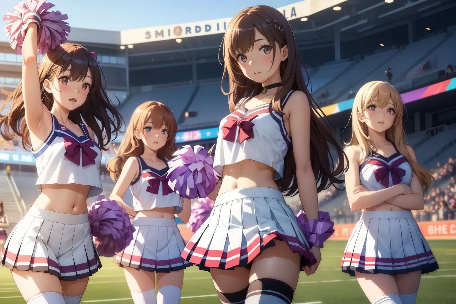 5girls, (multiple girls), highly detailed, best quality, illustration, game cg, perfect anatomy, beautiful cute face girl, beautiful hair, beautiful detailed eyes, choker, (cheerleader), midriff, school field, natural lighting, aichan, yuigahama yui, white thigh highs, collarbone, sleeveless, cheerleading, 