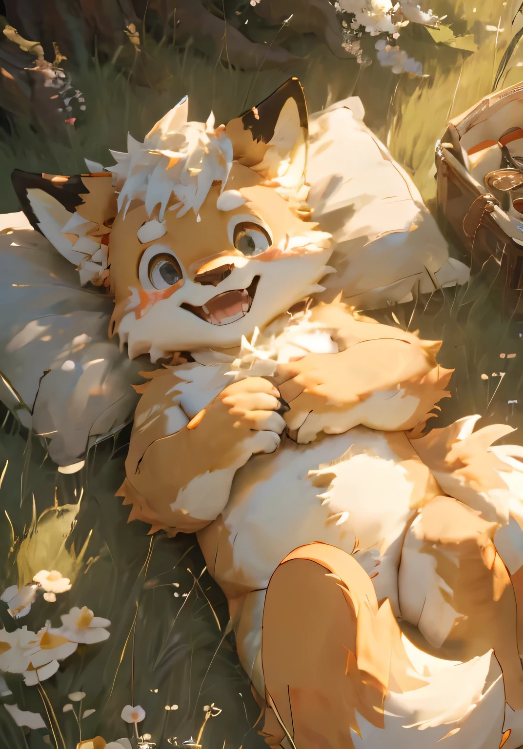 (masterpiece)，(Very detailed)，(best quality)，hairy，fox，Golden fur，white hair，Black pupil，（child），（Naked upper body），((Happy expression))，Forest background，8k，(high quality)，(Ultra HD)，(Ultra Detailed)，（Young child），Perfect sunshine，（lying on the grass）