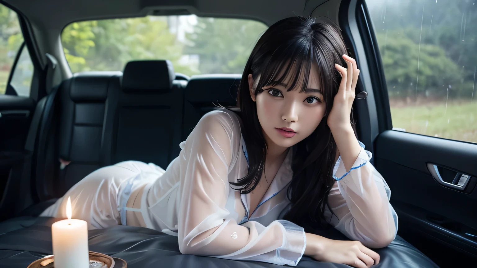 The weather is rainy, dark and cloudy., Realistic descriptions and ultra-high-definition photos, beautiful oriental woman, The inside of the big camping car is big., Filled with camping supplies, The atmosphere inside the car is lit by a single candle., The car is dark and lit by candles, A pretty woman is lying down wearing transparent pajamas and looking out the window of a camping car..A pretty girl's bra is slightly visible., I can see a little bit of my stomach too., Outside the car window is cloudy and dark..