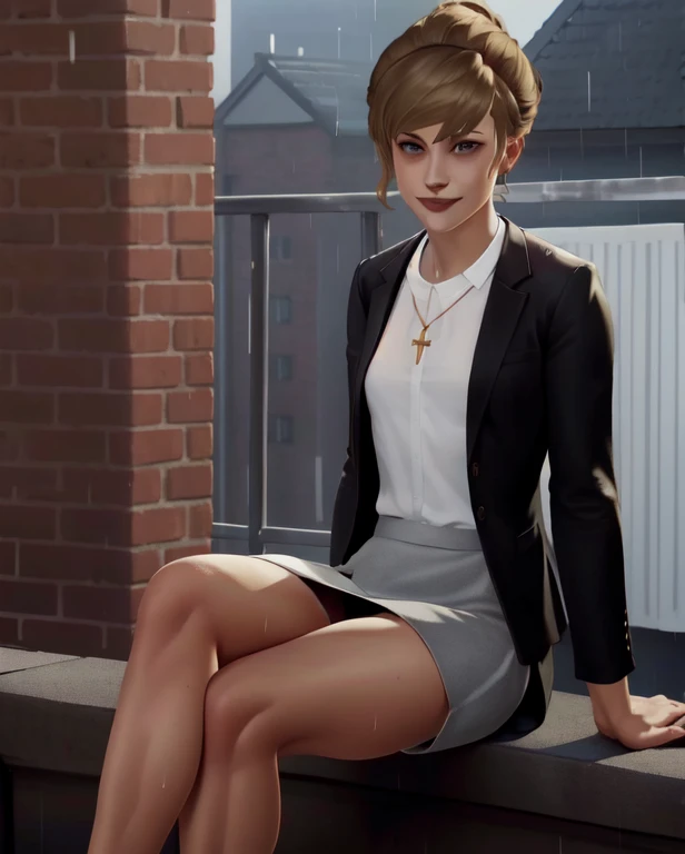 (highres, best quality:1.3), kat3LIS, dark blonde hair, hair bun, hazel eyes, slender, wool blazer, cross necklace, raining, wet clothing, wet skin, front view, smiling,  (sitting on parapet:1.1), rooftop, tall red brick building, private school, skirt, oregon, skinny body, small breasts, skinny legs, tiny hips, panties, upskirt view, looking down,