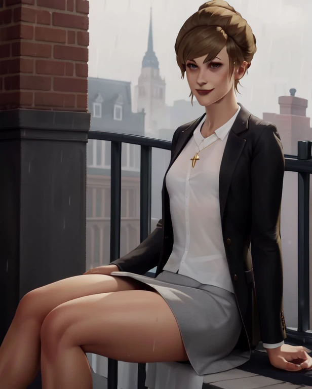 (highres, best quality:1.3), kat3LIS, dark blonde hair, hair bun, hazel eyes, slender, wool blazer, cross necklace, raining, wet clothing, wet skin, front view, smiling,  (sitting on parapet:1.1), rooftop, tall red brick building, private school, skirt, oregon, skinny body, small breasts, skinny legs, tiny hips, panties, upskirt view, looking down,