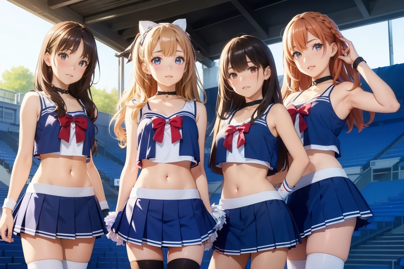 5girls, (multiple girls), highly detailed, best quality, illustration, game cg, perfect anatomy, beautiful cute face girl, beautiful hair, beautiful detailed eyes, choker, (cheerleader), midriff, school field, natural lighting, aichan, yuigahama yui, white thigh highs, collarbone, sleeveless, cheerleading,