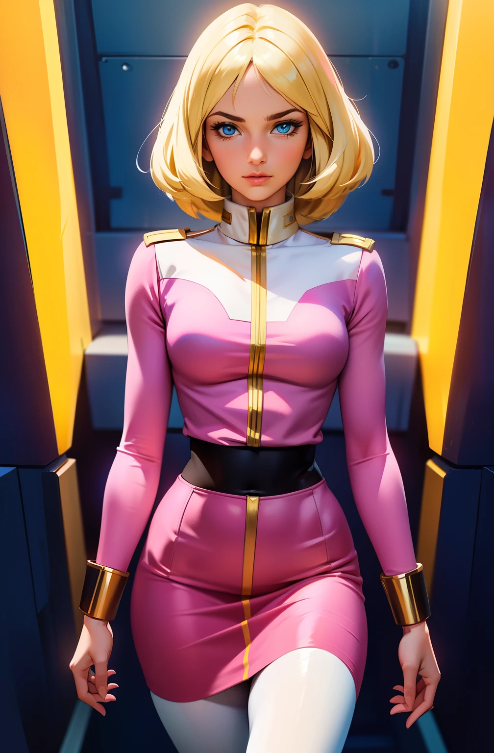 ((masterpiece)), ((cinematic lighting)), realistic photo、Real Images、Top image quality、1girl in, sayla mass, Elegant, masterpiece, Convoluted, slim arms, wide hips, thigh gaps, Best Quality, absurderes, high face detail, Perfect eyes, mature, Cowboy Shot, , Vibrant colors, soft pink uniform, soft pink Skirt, white tights