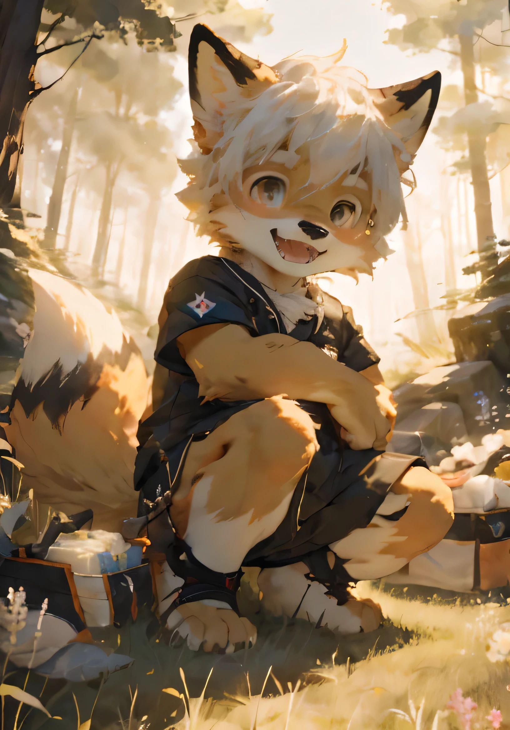 (masterpiece)，(Very detailed)，(best quality)，hairy，fox，Golden fur，white hair，Black pupil，（）child（Naked upper body），((Happy expression))，Forest background，8k，(high quality)，(Ultra HD)，(Ultra Detailed)，（Young child），Perfect sunshine，（Hugging the pillow），（Crouching on the grass）