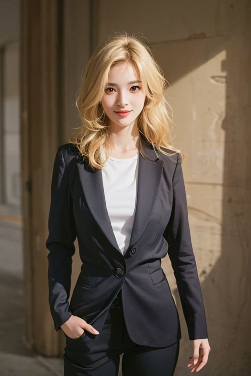 highest quality, masterpiece, Ultra-high resolution, (Realistic:1.5), Blonde Gal, RAW Photos, smile, Bodyline、Hip, One Girl, Perfect fit, In the Dark, Deep Shadow, moderate, Cold Light, Sexy look