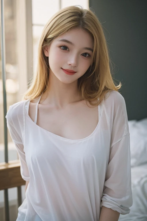 highest quality, masterpiece, Ultra-high resolution, (Realistic:1.5), Blonde Gal, RAW Photos, smile, Bodyline、Hip, One Girl, Perfect fit, In the Dark, Deep Shadow, moderate, Cold Light, Sexy look