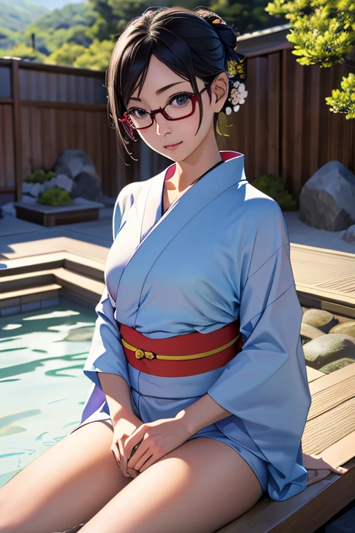 (masterpiece, highest quality), One Girl, Satou, Satou, Glasses, yukata, Satou, Glasses, 赤いフレームのGlasses, Onsen town in Japan:1.5,Head to waist,yukata:1.6,hot spring,Dogo Onsen,Kusatsu Hot Springs,