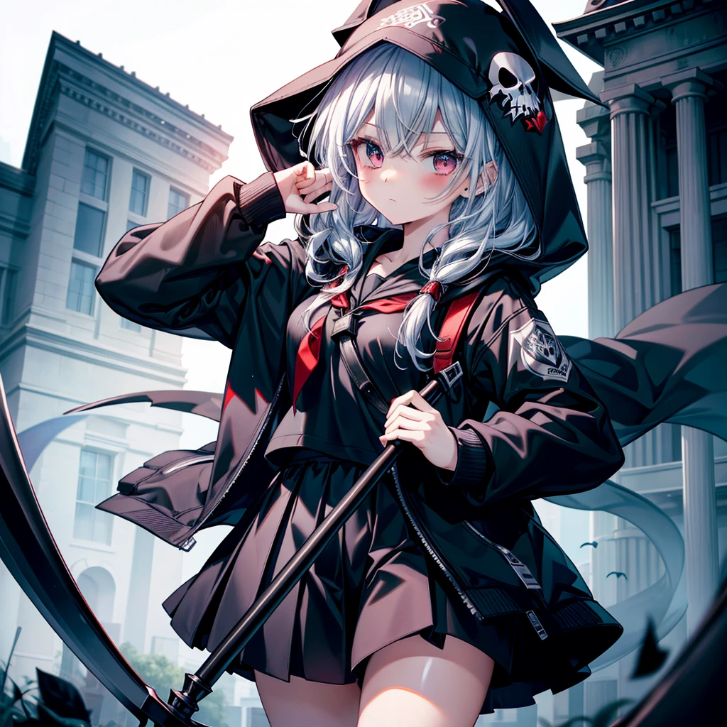 highest quality、Masterpiece、Official Art、The best composition、A high school girl vampire hunter wearing a black sailor uniform、Has the Grim Reaper's Scythe、Wind、deep focus,absurdres、detailed eyes and face、Blood splatter、Blood is dripping from the scythe、minaba hideo、
Grim Reaper's Scythe、His face is obscured by the hood of his black hoodie、