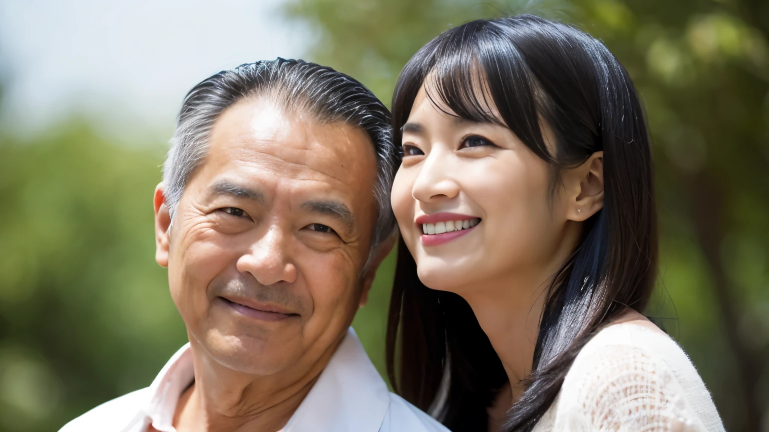 A 60-year-old Japanese man and a 30-year-old Japanese woman, Age difference, Age difference, 60-year-old man, smile, standing holding hands, セクシーなYoung girl 30, Small and sexy size, Long black hairstyle, Embarrassed and blushing face, Gray-haired old man, Young girl , Outdoor, Detailed face, Realistic, Realistic, Big Breasts,Looking at the camera