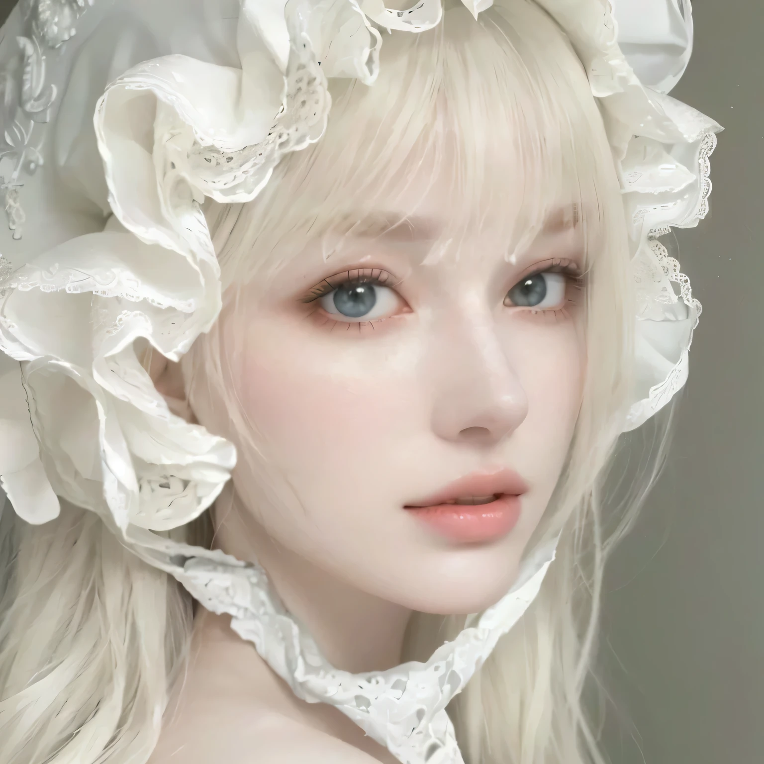 a close-up of a woman in a white hat and veil, pale Pele branca de porcelana, porcelain pale skin, pale white face, fair and pale skin!!, skin pale as ivory, Pele branca de porcelana, pale and glowing skin, Franja branca, pale milky white porcelain skin, pale and soft white skin, Ulzzang, ivory pale skin, beautiful pale skin, pale, snow-white skin