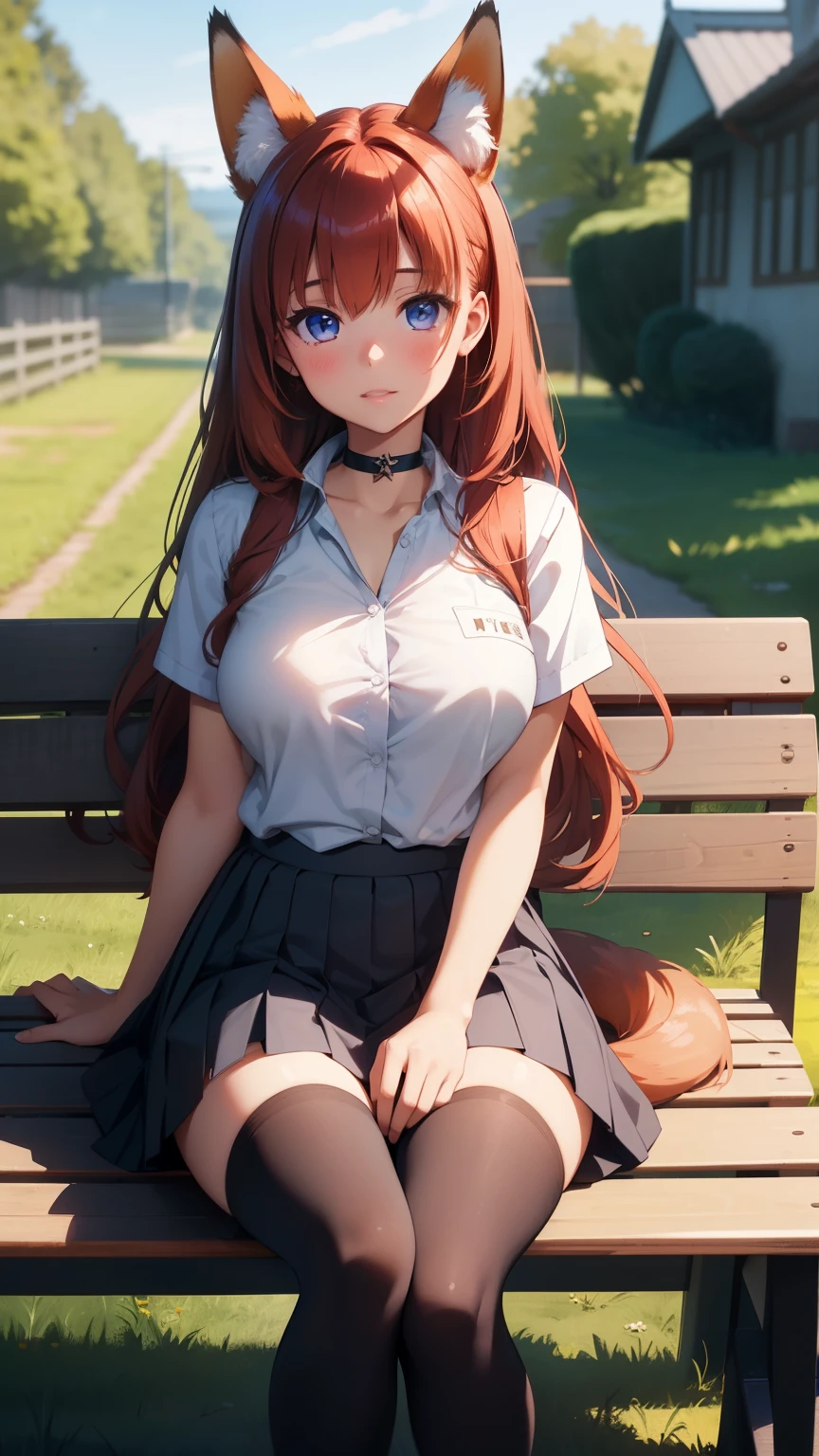 1girl, solo, highly detailed, best quality, illustration, game cg, perfect anatomy, beautiful cute face girl, redhead, beautiful detailed eyes, choker, school field, sitting, bench, natural lighting, school shirt, pleated skirt, thigh highs, fox ears, (fox tail), glossy lips, large breasts, aichan, latifa fleuranza