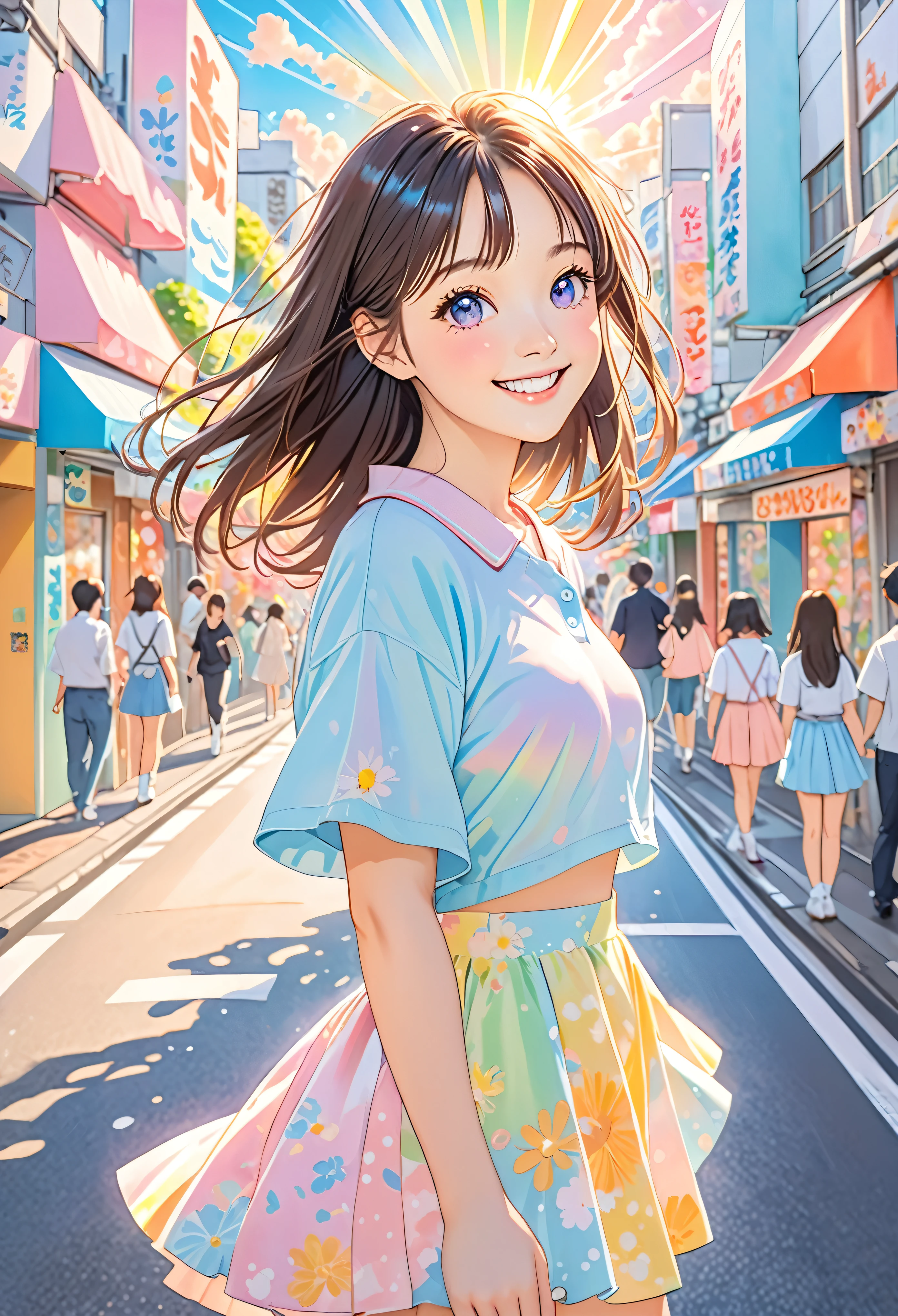 A 19-year-old strolling through the streets of Shibuya in spring, A bright and cheerful girl, Front facing, smile, Y2K Fashion, Anime-style illustrations with KyoAni-level detail, High-angle / High angle, pastel painting / pastel, colorful / colorful, kawaii / Cute, Sunshine Rays(crepuscular rays) , natural light, You are a professional animator and you must believe in your own growth and push your limits to create beautiful, fast drawings.。