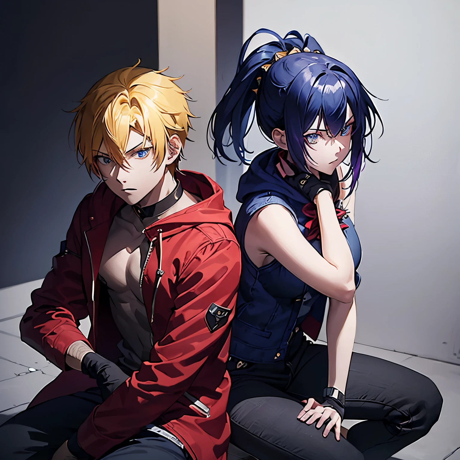 ((Couple)), (26 years old), (male), Yellow hair, (Blue eyes), Spiky hair. (26 Years Old), (female), (Indigo Hair), (Hime Cut, Bang),, red scarf, red hoodie vest, sleeveless, black pants, black gloves, slim, up to legs, intimidating aura