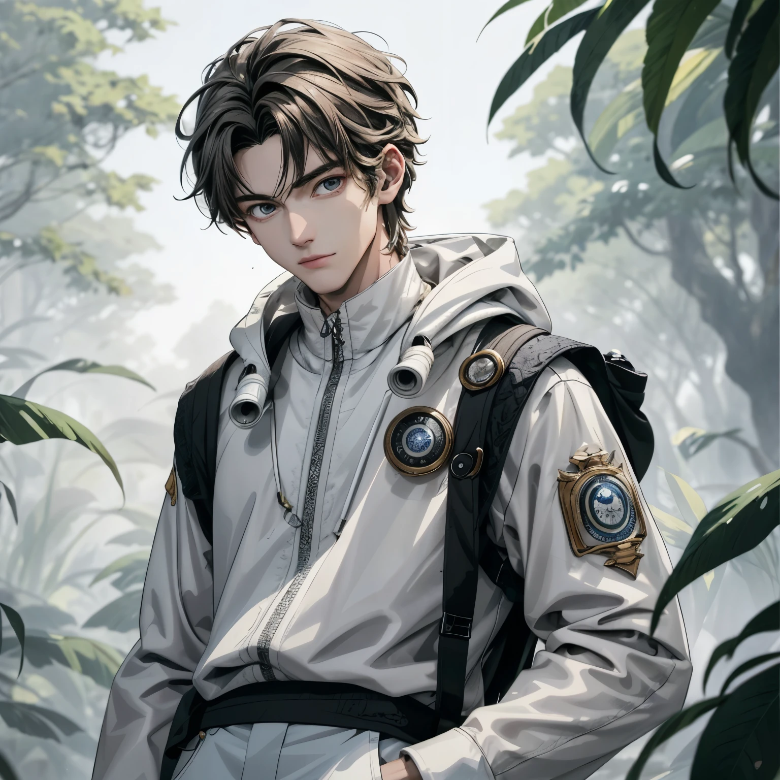 Absurd, High definition, Super detailed, Texture details, clear presentation, HD details, detail performance, Fine details, Clear face, Fix accurately, （（cabelos preto e longos））、long whitr hair、18-year-old man, Handsome, Tall,Soft smile、Slightly muscular,（Clear eyeballs）, (1 person: 1.3), handpainted, Simple lines, （An 18-year-old man wearing a white Chinese suit）, foggy forest、The upper part of the body，（Exocet suit 1.2）