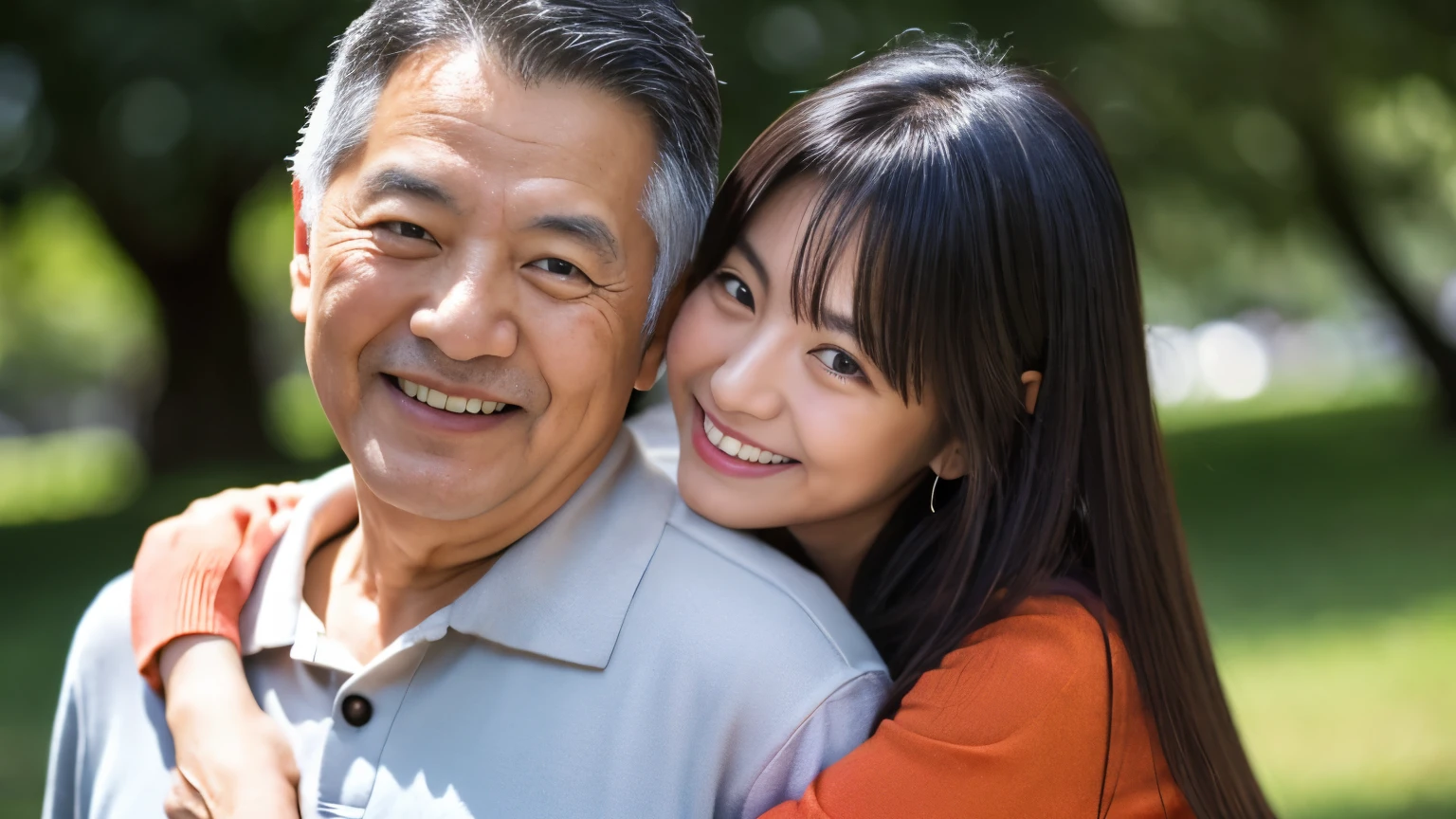 A 60-year-old Japanese man and two 30-year-old Japanese women, Age difference, Age difference, 60-year-old man, smile, standing hug, セクシーなYoung girl 30, Small and sexy size, Long black hairstyle, Embarrassed and blushing face, Gray-haired old man, Young girl , Outdoor, Detailed face, Realistic, Realistic, Big Breasts,Looking at the camera